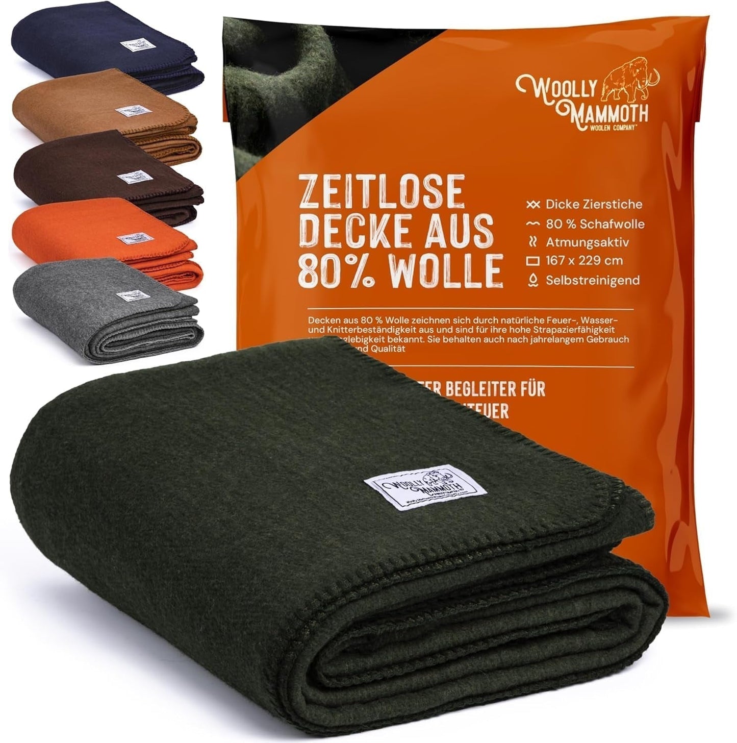 Manta de camping Woolly Mammoth Woolen Co., extra grande, lana merino. El equipo perfecto para exteriores para bushcraft, camping, trekking, senderismo, supervivencia o manta de cabina. Marrón, 168 X 228 Woolly Mammoth Woolen Company Camas y mantas Verde oliva 66" X 90"