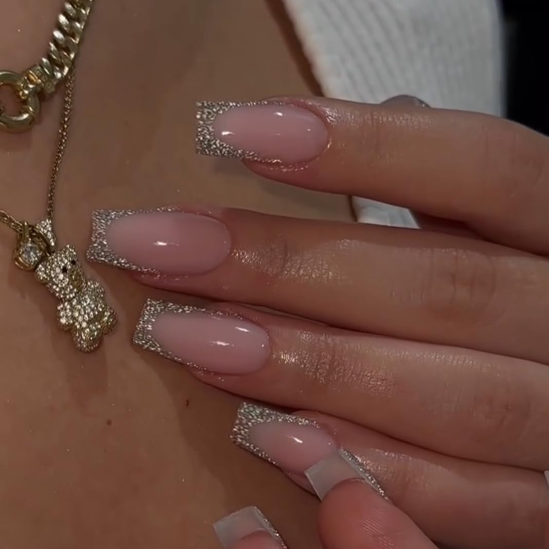 Puntas francesas largas, pegamento con purpurina dorada en uñas cuadradas largas, juego de uñas postizas con punta francesa y purpurina, uñas artificiales cuadradas para mujer, 24 Uds.