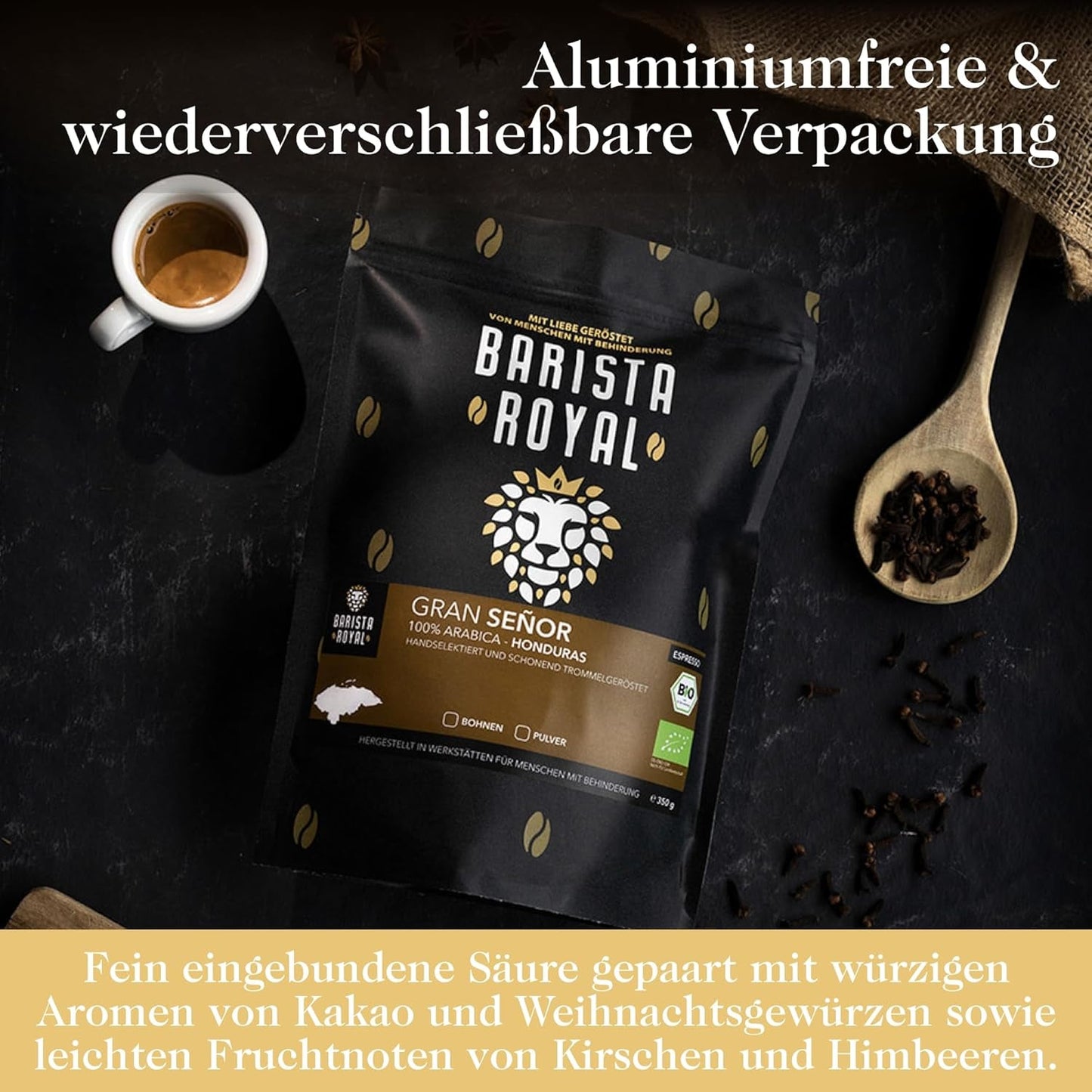 BARISTA ROYAL Bio Espressobohnen 1kg "Gran Señor" | Kaffeebohnen frescos directamente desde Honduras | 100% Arábica Espresso ganze Bohnen | Ideal para sistemas totalmente automáticos y Siebträger.