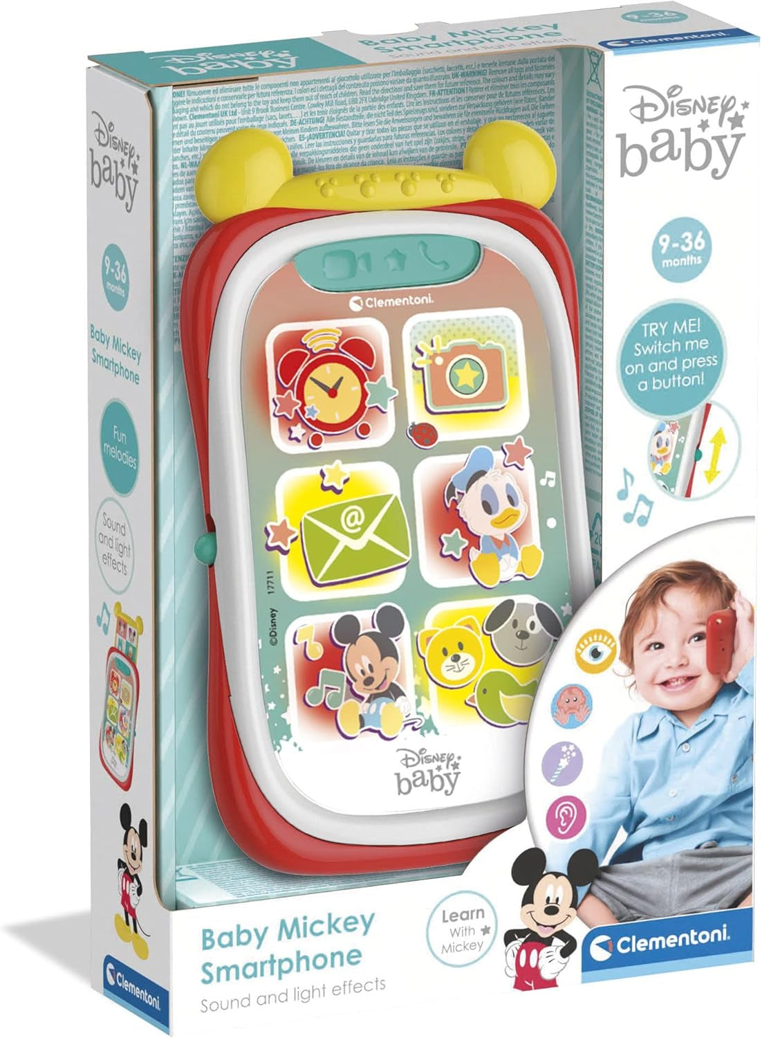 Clementoni 17711 Disney Baby Baby Mickey Smartphone, Móvil Infantil con Efectos de Luz y Sonido, Juguete Interactivo para Niños de 9 a 36 Meses, M, Multicolor Bebe Toys Naty Shop