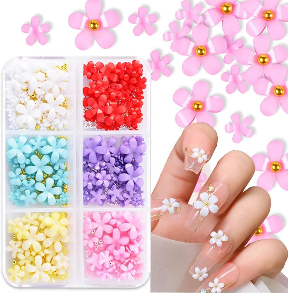 Uñas de flores 3D, 6 rejillas, encantos de uñas de flores, pedrería de uñas acrílicas, accesorios de uñas, decoraciones de uñas de primavera DIY