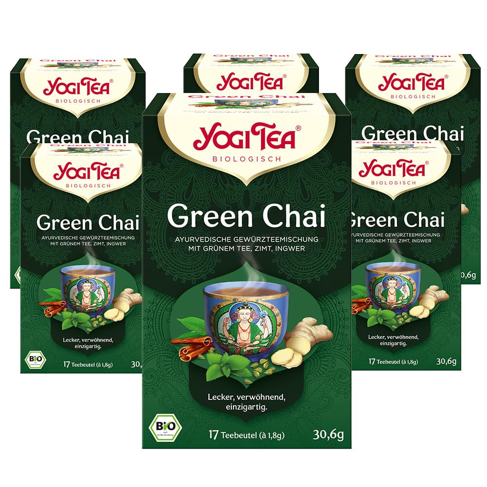 Yogi Tea Green Chai, té especiado ayurvédico orgánico, mezcla de canela, menta, té verde, jengibre, cardamomo y clavo, 6 x 17 bolsitas de té (102 bolsitas de té en total)