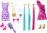 Barbie Totally Hair - Muñeca con cabello arcoíris extralargo fácil de peinar y 10 accesorios de moda y peinado, vestido de lunares con bloques de colores, para edades de 3 años en adelante, HKT96