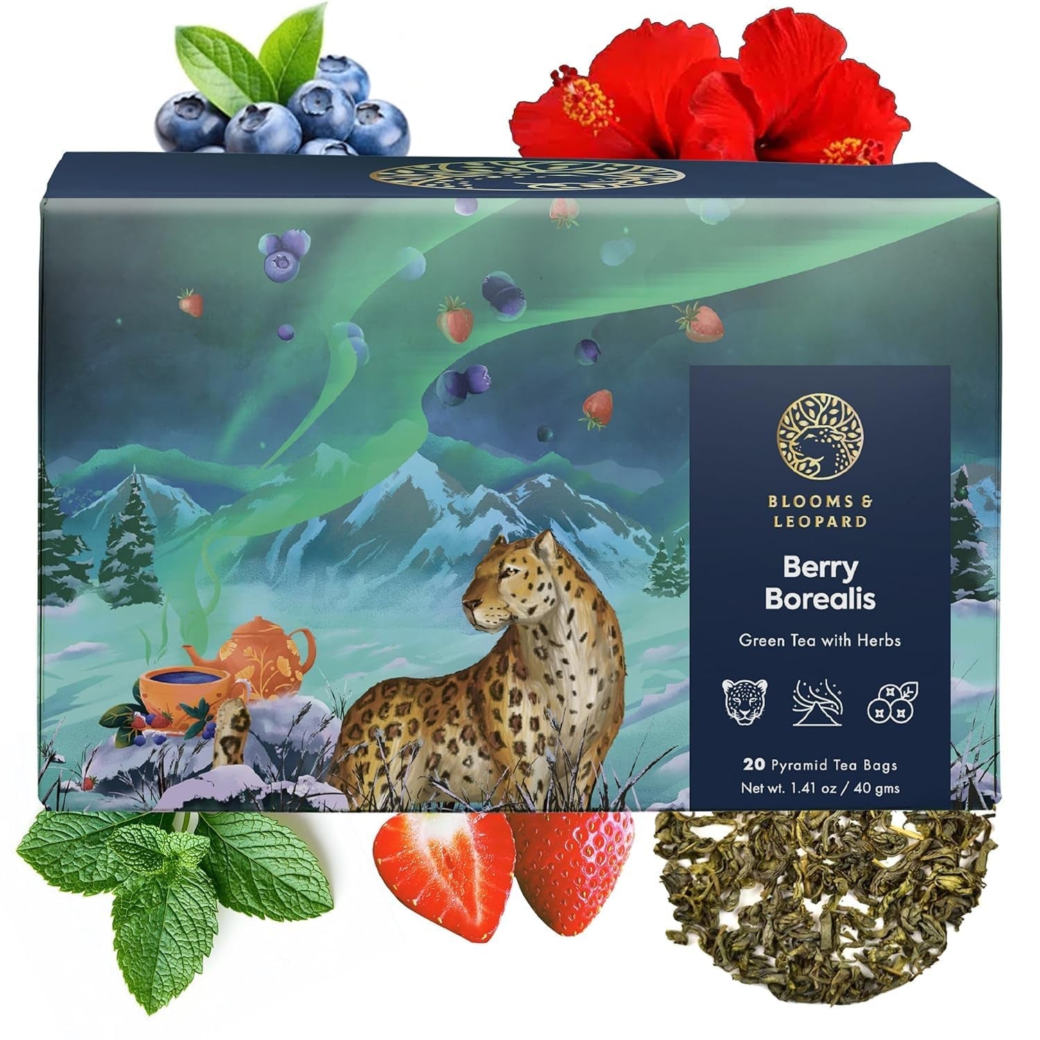 Blooms & Leopard Bolsas de té verde premium - Mezcla de bayas boreales con hibisco, arándano, fresa y menta verde - 20 bolsas de té piramidales para té frío o caliente
