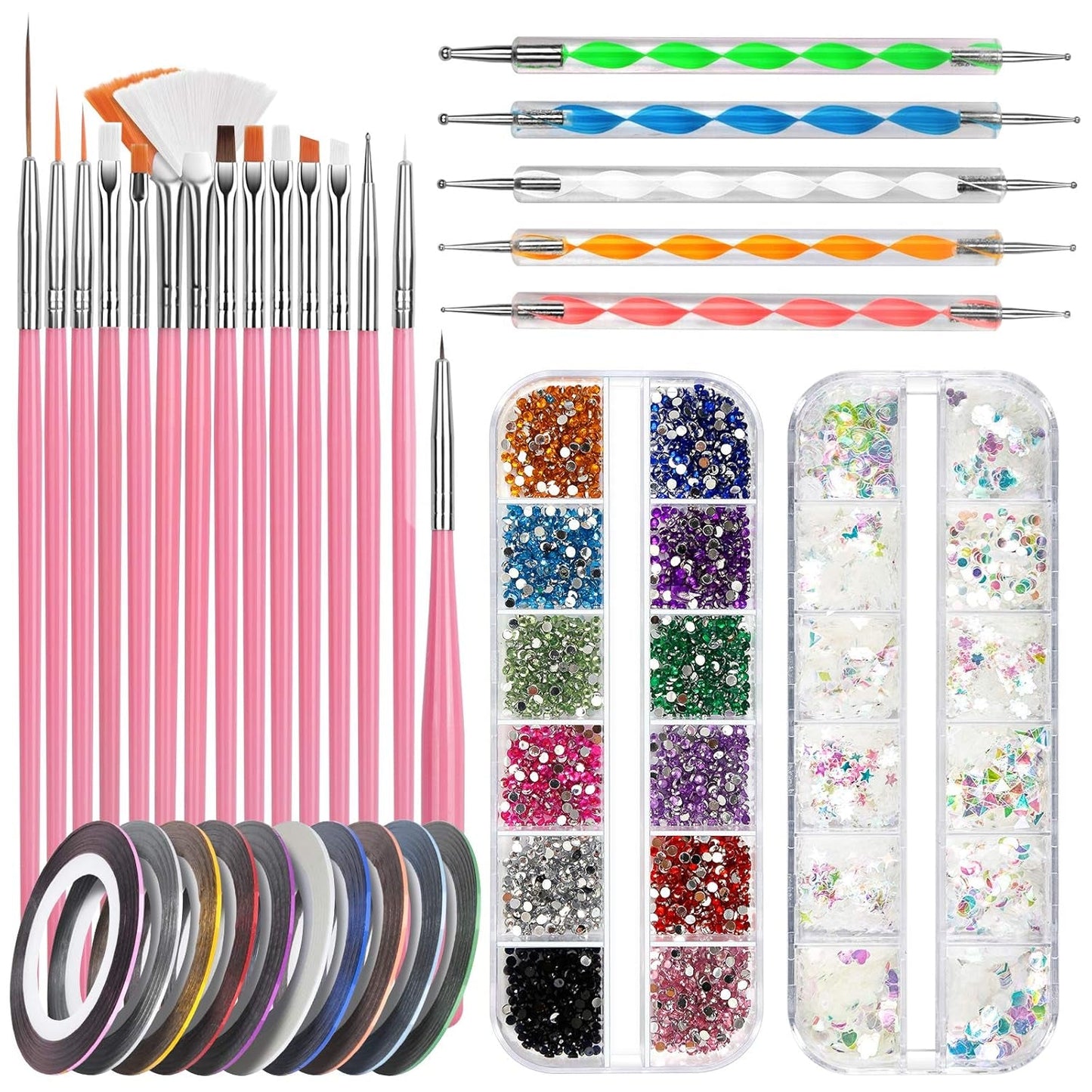 FANDAMEI Juego de Pinceles para decoración de uñas, Pinceles para uñas de Gel de 15 Piezas, bolígrafos de Puntos de 5 Piezas, Cintas de Cinta de 10 Rollos, Puntas de Strasssteine ​​​​Nägel, Paillettes Ultra Dünn para Manicura de Arte de uñas