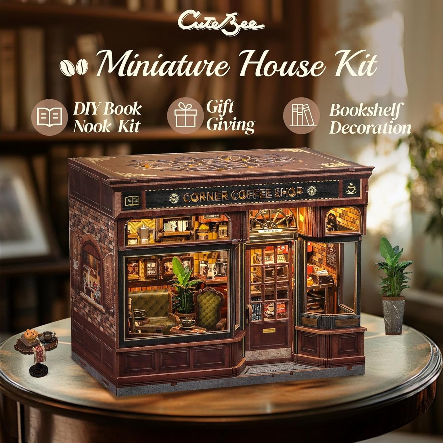 CUTEBEE Kit de esquina para libros – Casas de muñecas DIY, kit de construcción de casa en miniatura con luz LED para adultos, rompecabezas de madera 3D y soporte para libros – Decoración de estantería y regalo (café de esquina)