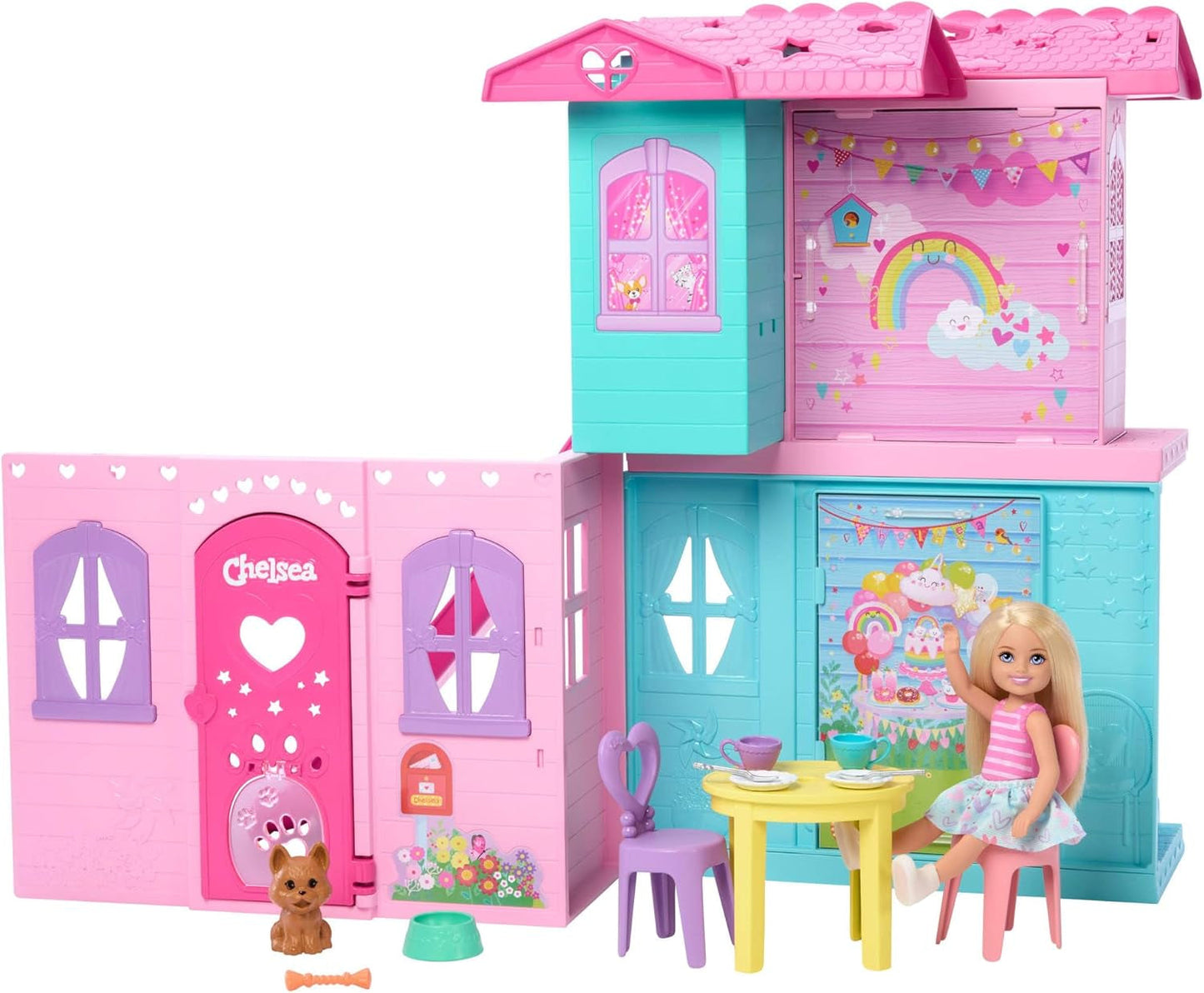 Casa de muñecas Barbie Chelsea con más de 15 accesorios, casa emergente que se expande a más de 42 x 33 cm con 5 áreas de juego y un tobogán, con una muñeca pequeña y un perro, JFW49