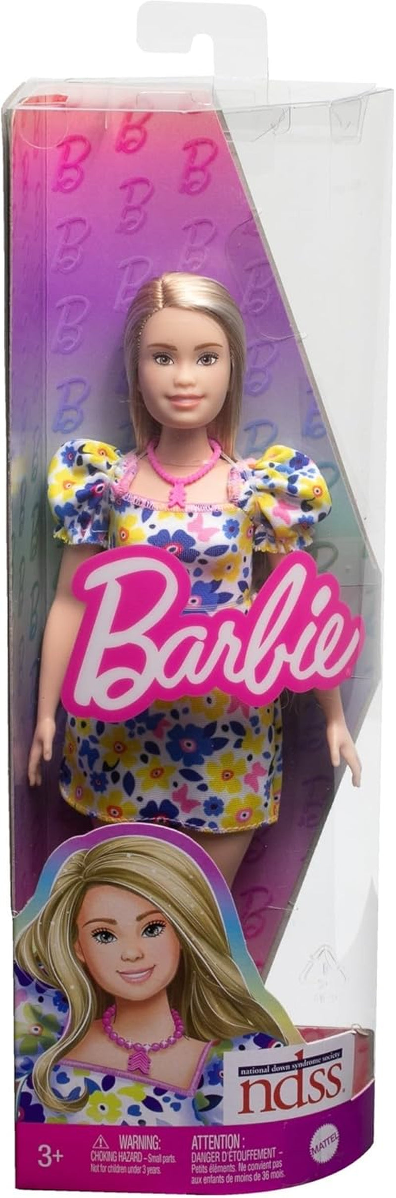 Muñeca Barbie Fashionistas, desarrollada con la Sociedad Nacional del Síndrome de Down, con cabello rubio y un atuendo moderno con un vestido floral y zapatillas blancas, para edades de 3 años en adelante, HJT05