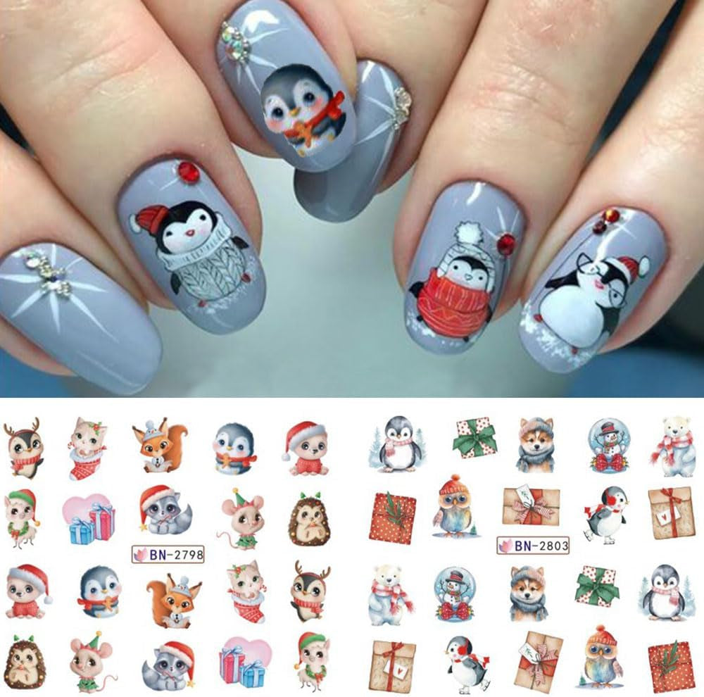 Pegatinas de uñas navideñas 3D, autoadhesivas, transferencia de agua, árbol de Navidad, copo de nieve, alce, pingüino, arte de uñas navideño, diseños de uñas de invierno, pegatinas navideñas, accesorios para uñas