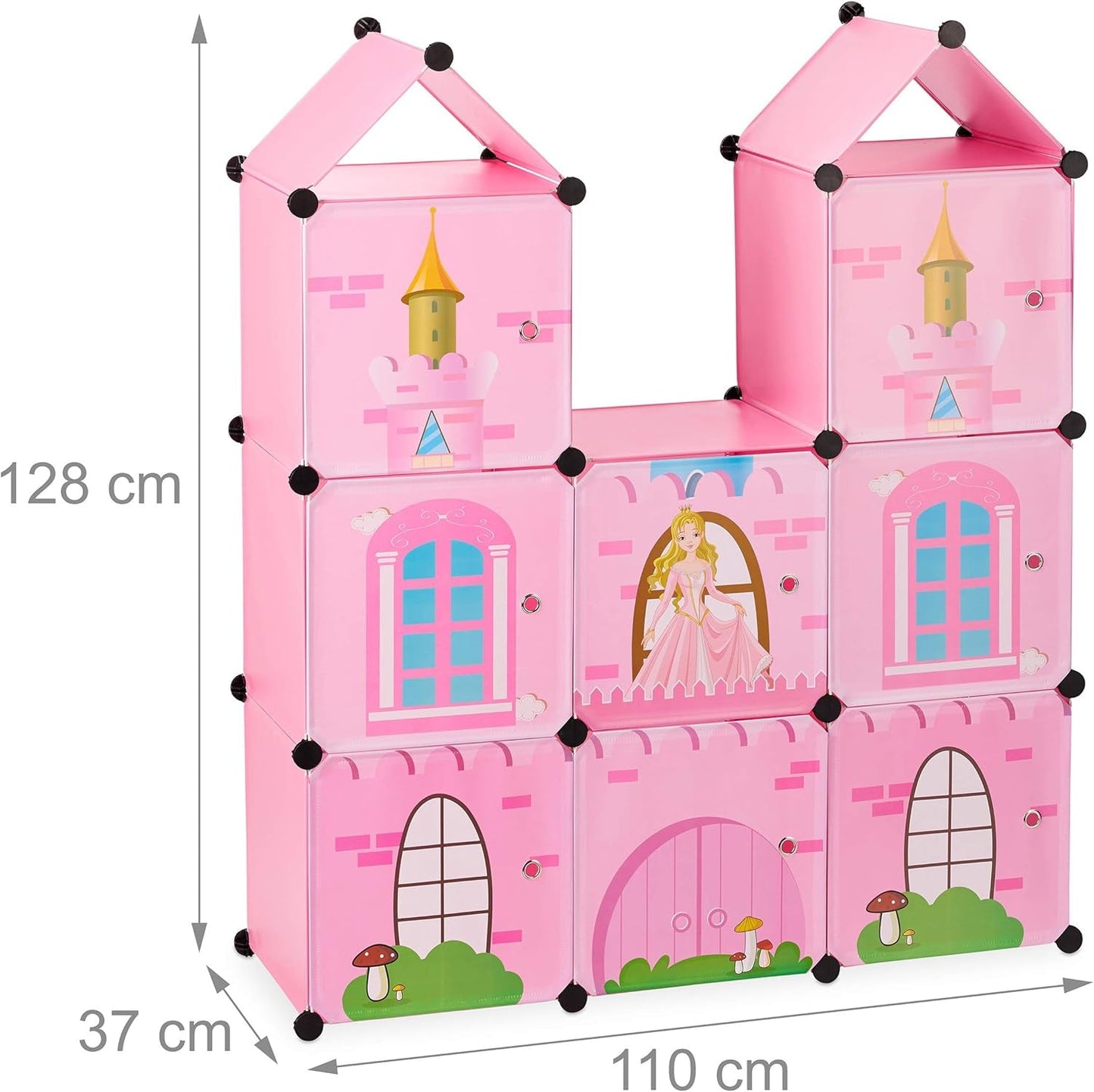 Relaxdays Estantería modular para habitación infantil, diseño Castillo de princesas, plástico, armario para montar con puertas, HL: 128 x 110 x 37 cm, rosa