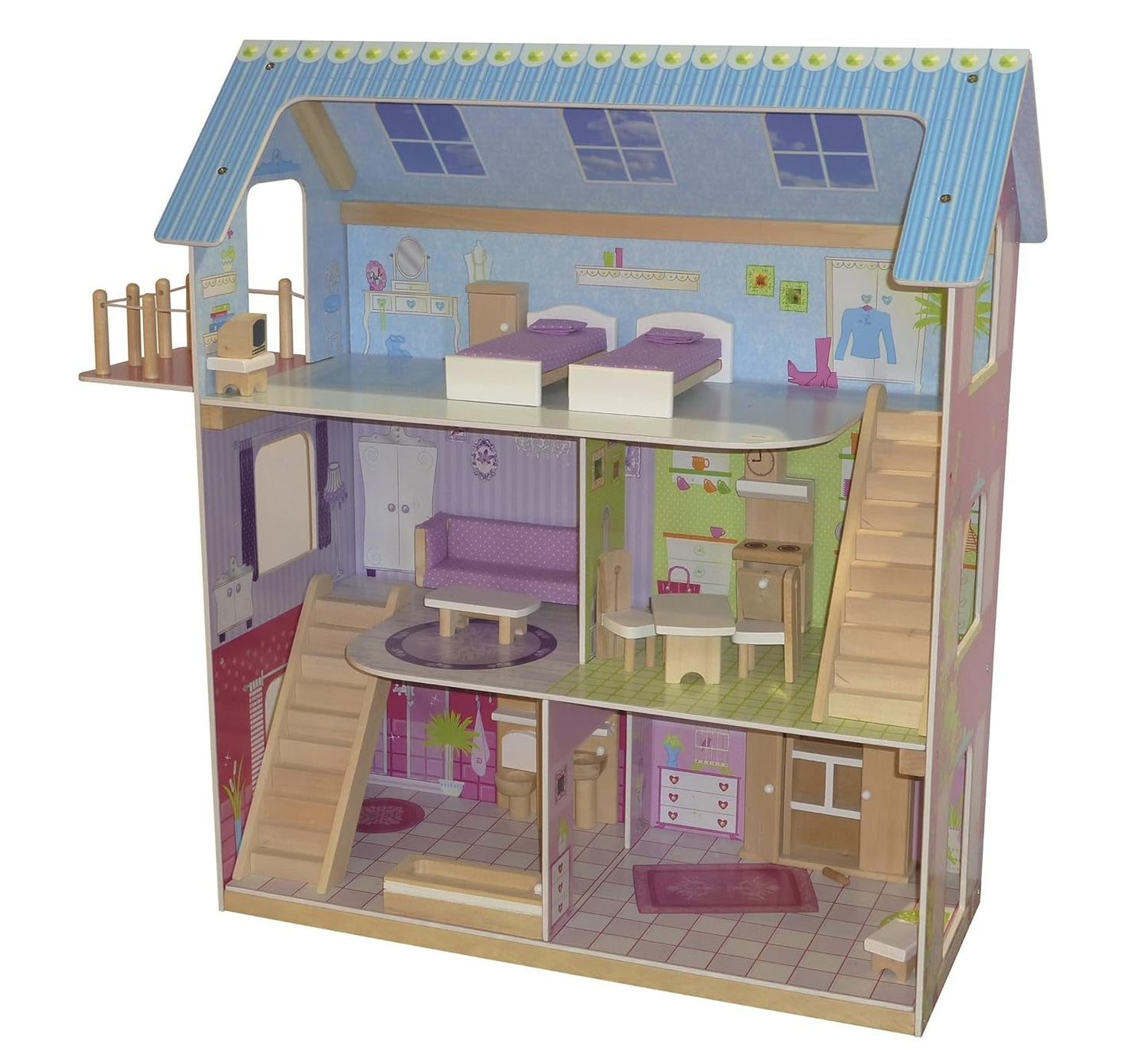 Roba Dollhouse Casa de Muñecas con Muebles y Muñecas Juguete Niña Casas de Muñecas de Madera Natural Naty Shop Pastel