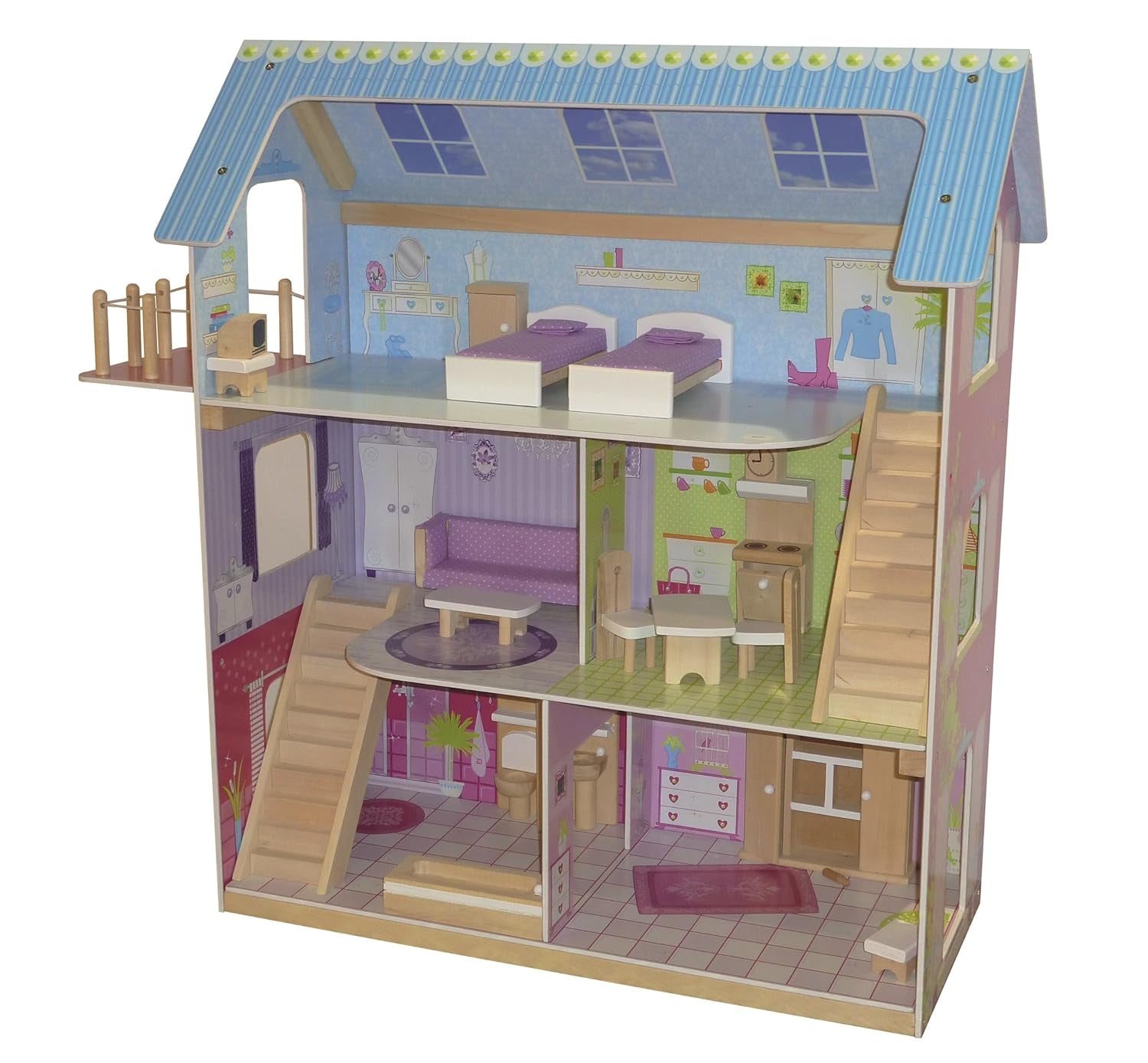 Roba Dollhouse Casa de Muñecas con Muebles y Muñecas Juguete Niña Casas de Muñecas de Madera Natural Naty Shop Pastel