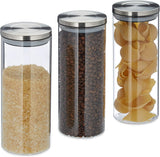 Relaxdays Juego de 3 Tarros de Almacenamiento con Tapa Sellada de Acero Inoxidable para Pasta, Muesli, Arroz, 1,5 L, Recipiente de Cocina, Plata Transparente, 24 x 9,5 x 9,5 cm, Cajas para Guardar Alimentos en Plata Transparente Naty Shop Default Title