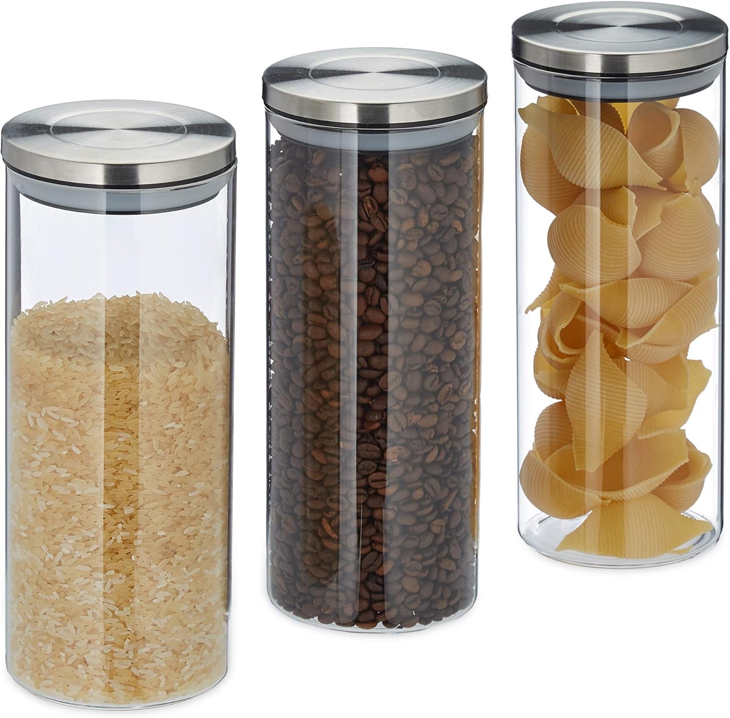 Relaxdays Juego de 3 Tarros de Almacenamiento con Tapa Sellada de Acero Inoxidable para Pasta, Muesli, Arroz, 1,5 L, Recipiente de Cocina, Plata Transparente, 24 x 9,5 x 9,5 cm, Cajas para Guardar Alimentos en Plata Transparente Naty Shop Default Title
