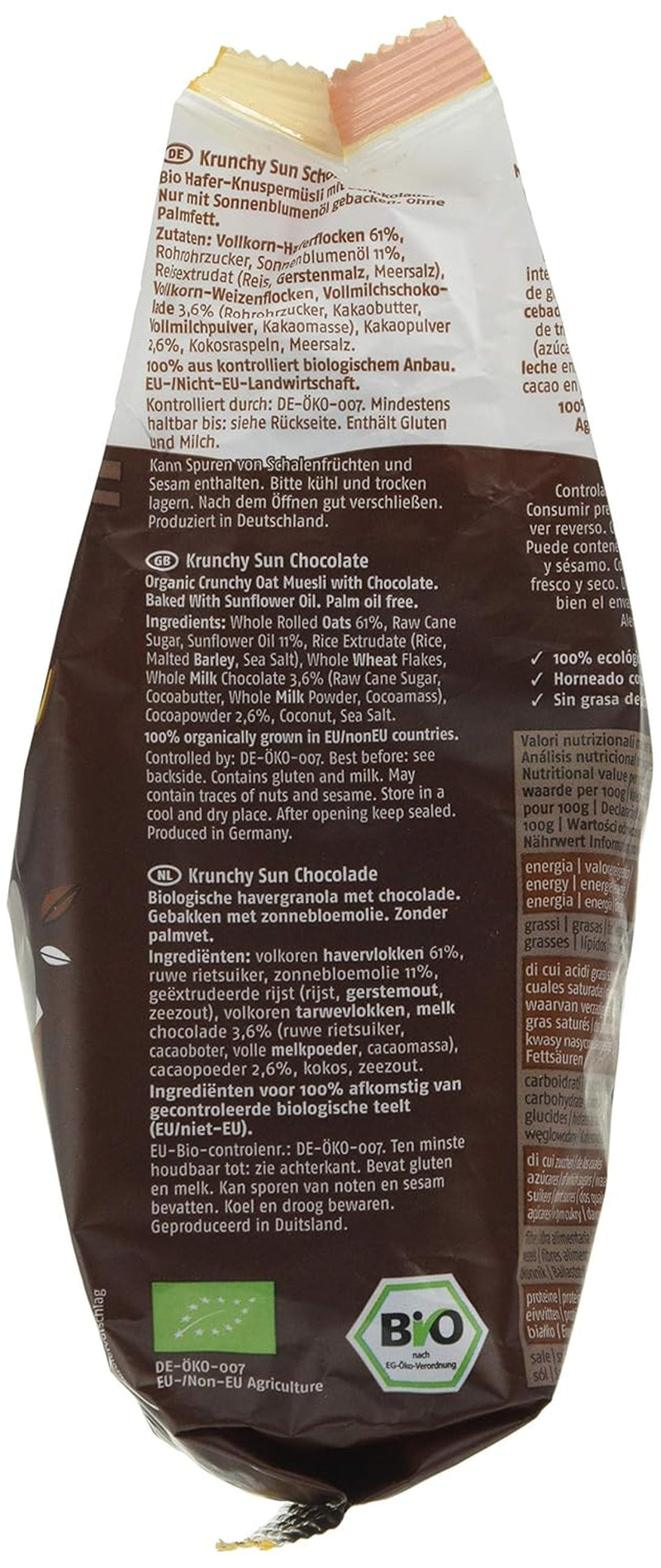 Sol crujiente de granero | Muesli con chocolate | Ecológico | Vegetariano, 375 gramos
