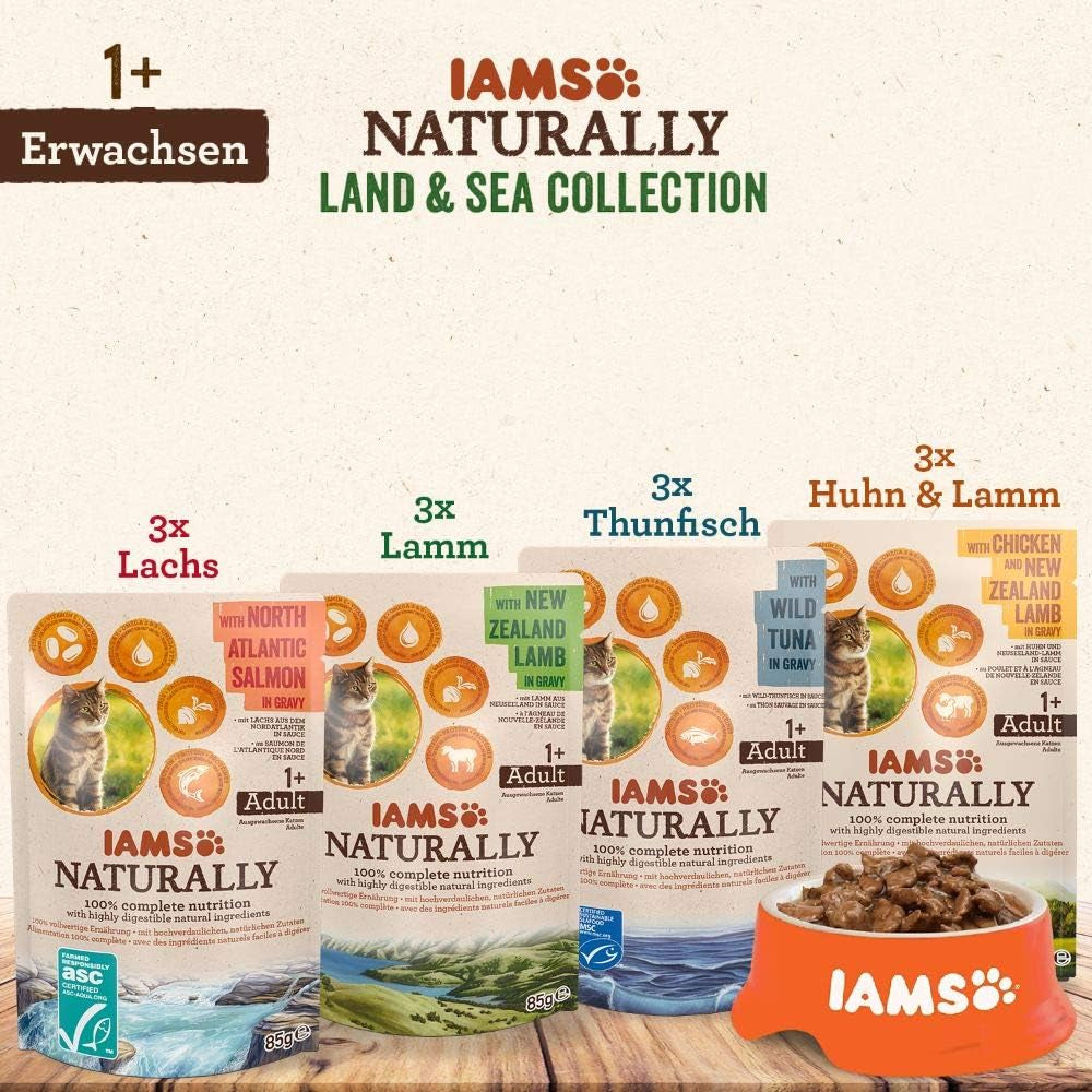 IAMS Comida húmeda natural para gatos en salsa - Comida húmeda de carne y pescado de alta calidad para gatos adultos, Colección Land & Sea, 12 x 85 g