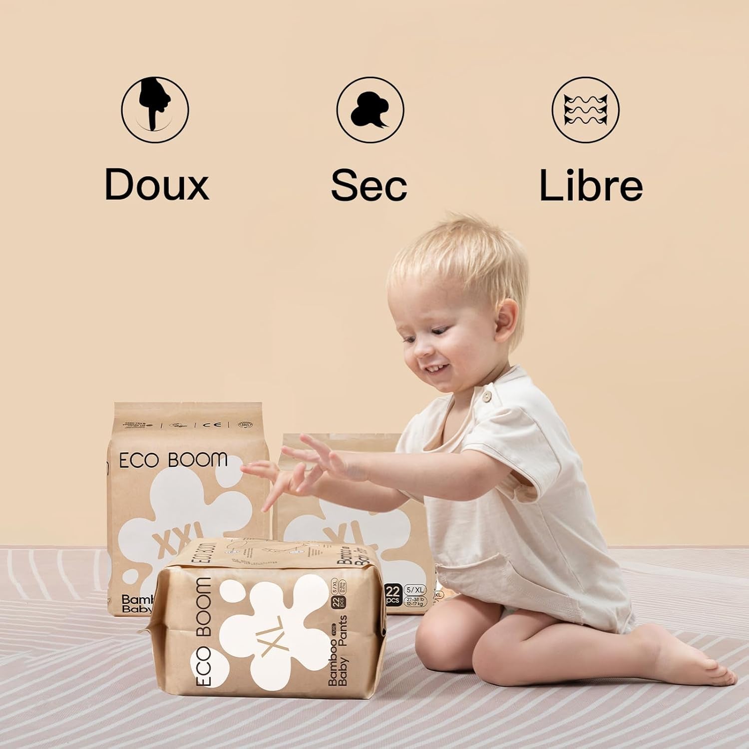 Pañales de bambú para bebé ECO BOOM - Tamaño 6 (20 kg), pañales extraíbles a base de plantas (17 piezas) - Orgánicos de primera calidad, sin fragancia, respetuosos con la piel, súper absorbentes