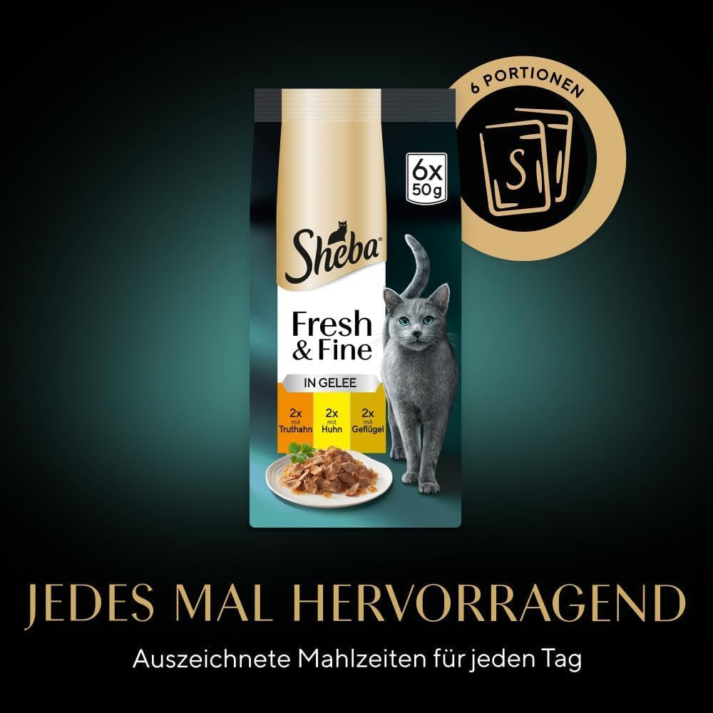 Sheba Portion Bags Comida húmeda para gatos, paquete múltiple de gelatina fresca y fina de pavo y pollo, 6x6x50 g - Comida para gatos con gelatina de pavo y pollo de alta calidad