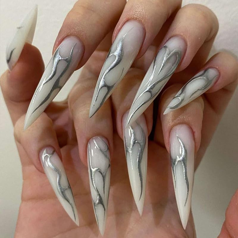 Mouyouglow-uñas largas Stiletto, color blanco lechoso, degradado, purpurina rosa, uñas postizas frescas con pegamento, uñas artificiales con purpurina rosa ombré