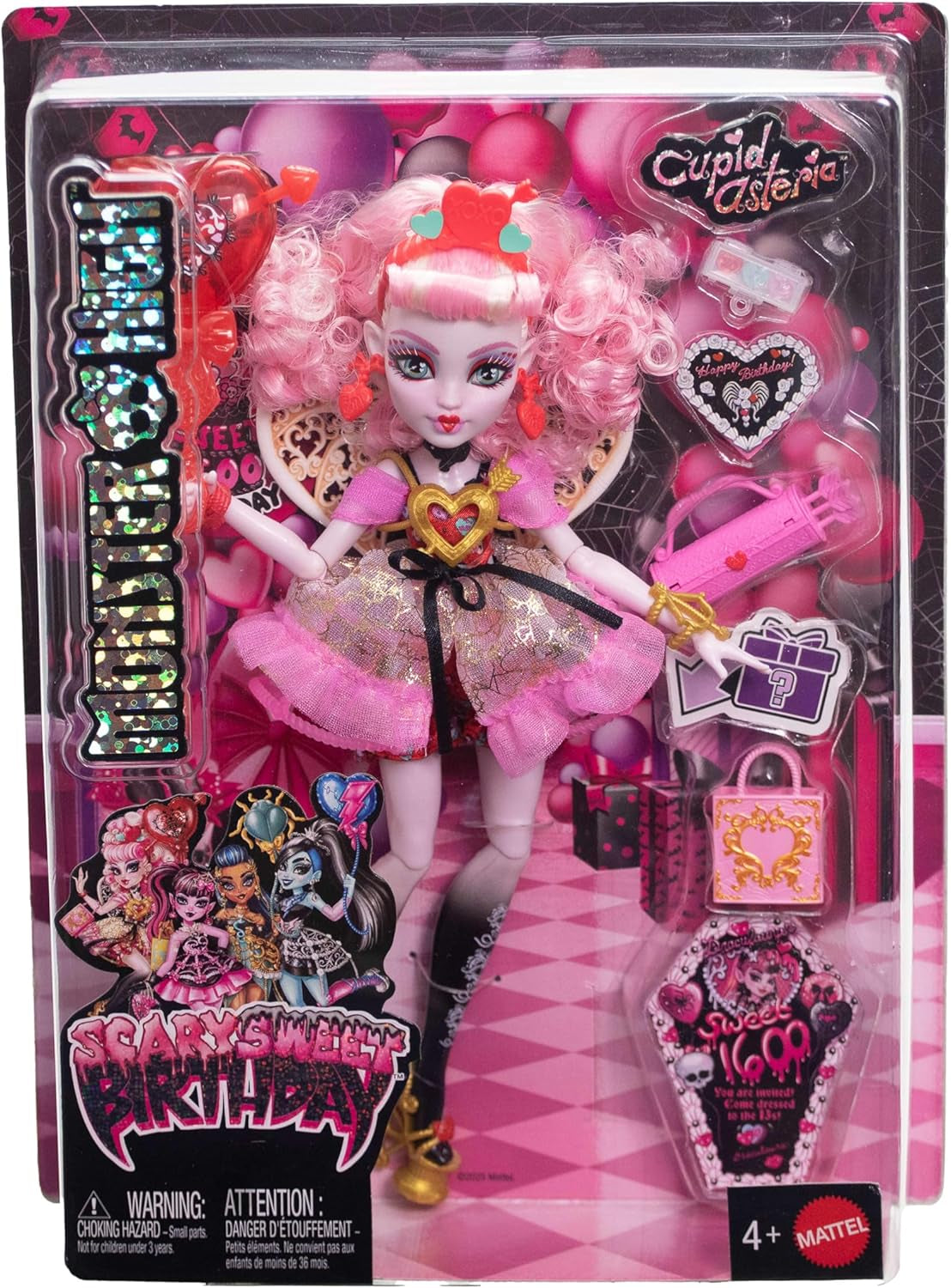 Muñeca Monster High Scary Sweet Birthday Cupido Asteria con vestido de fiesta rosa y rojo con accesorios temáticos como invitación, globo, regalo y más, JBG77