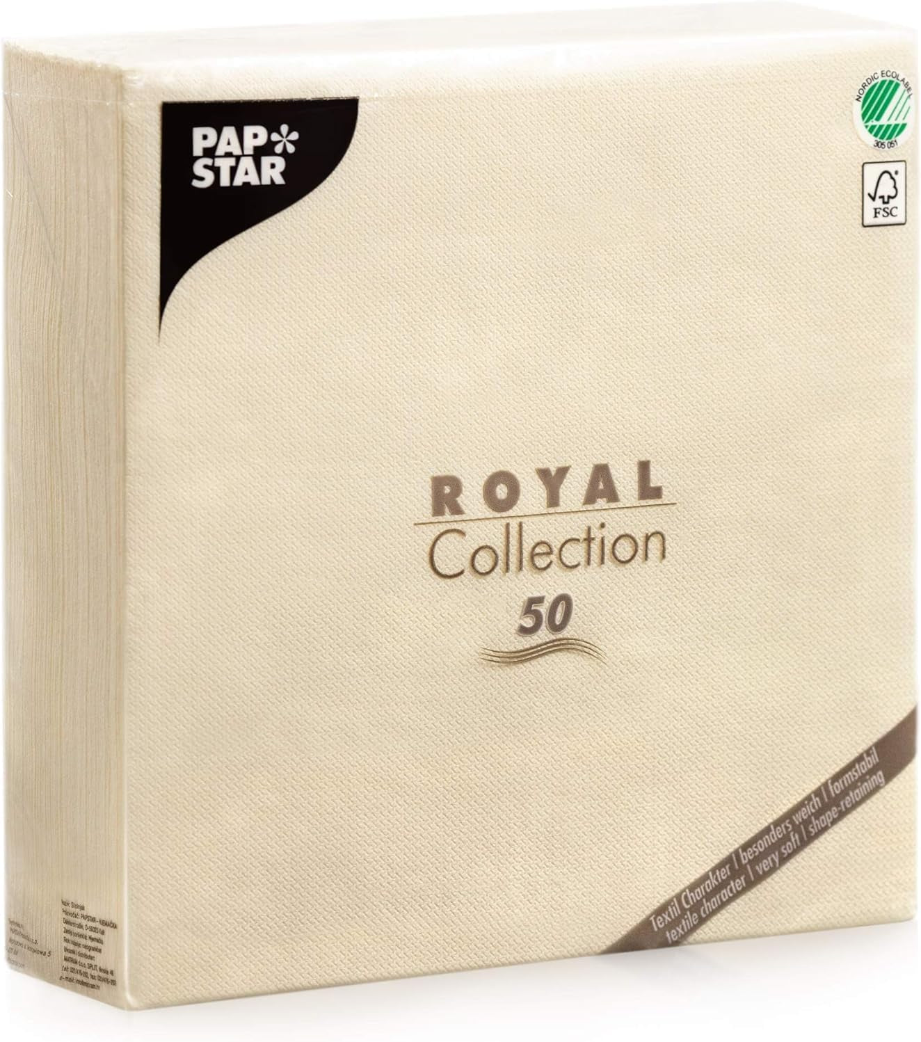 Servilletas papstar, colección champagne royal, servilletas de papel de 1/4 de pliegue, tamaño 40 x 40 cm, paquete de 1 x 50, champán / crema