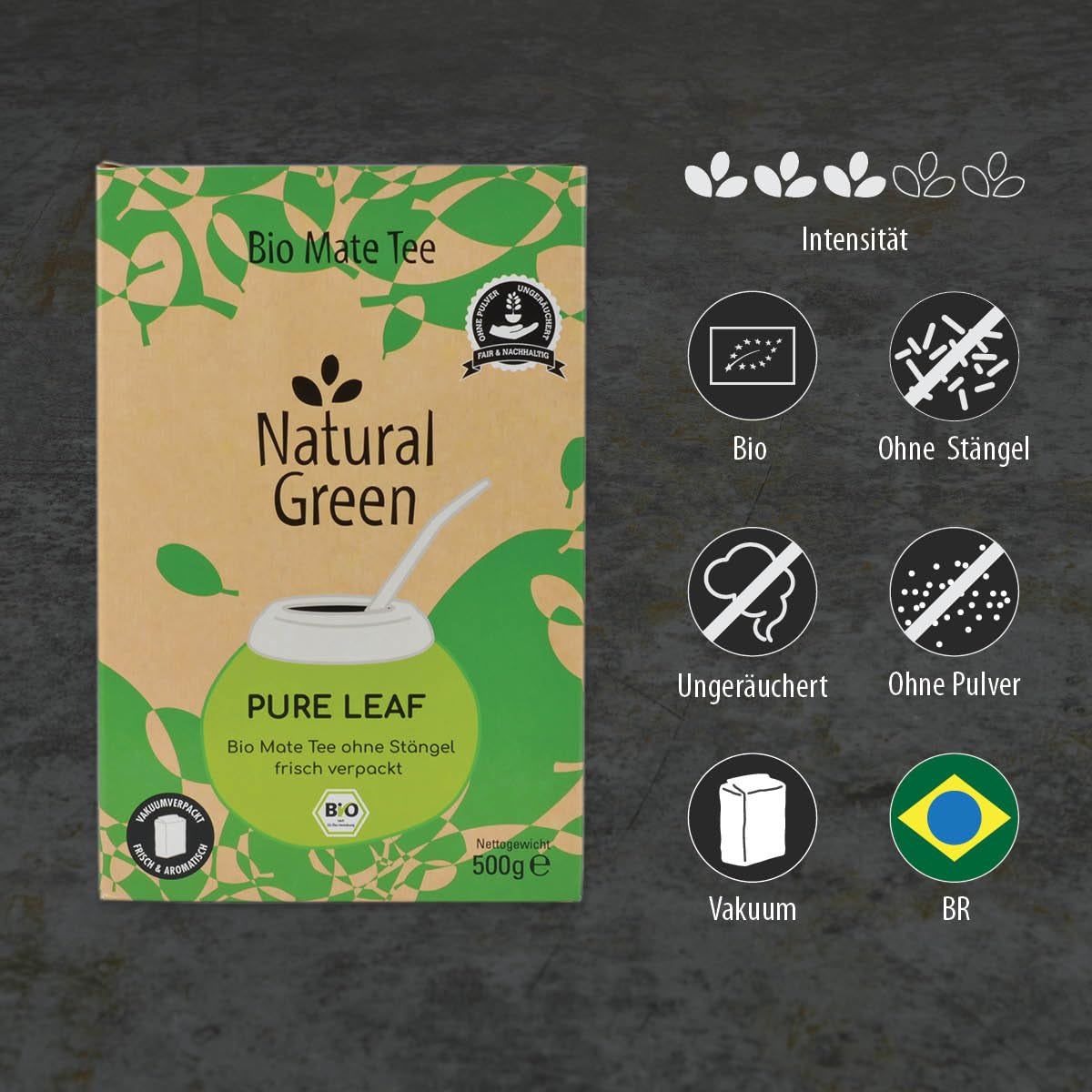 Delicatino - HOJA PURA verde natural 500G, yerba mate orgánica sin tallo, fresca y sin humo, cultivada orgánicamente, envasada al vacío para máxima frescura