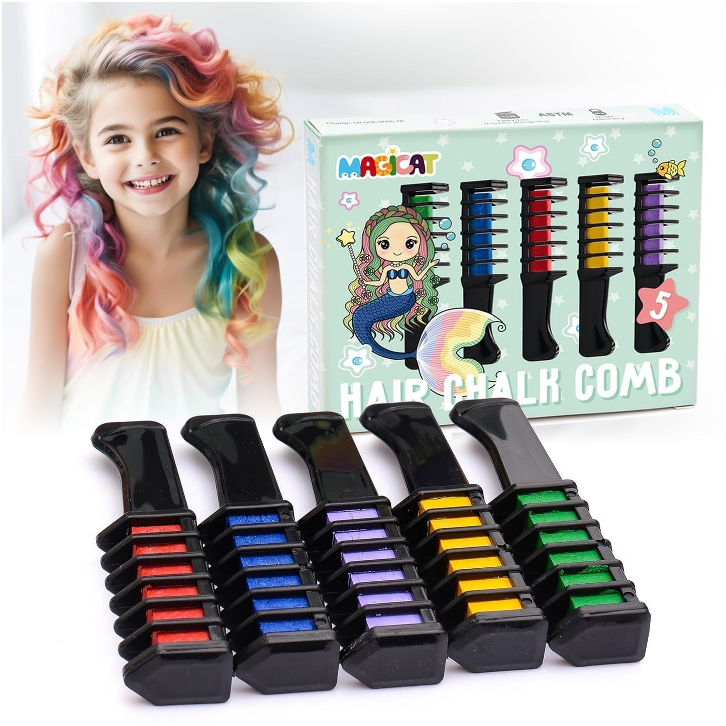 Magicat Tizas para el Cabello para Niña Set I 10 Colores Lavables y 5 Gomas para el Cabello I Regalo para Niñas de 4 a 10 Años I Regalo Creativo para Fiesta de Cumpleaños Infantil 2025 I Tinte para el Cabello Naty Shop Seguro y Colorido 80 G (1 Paquete)
