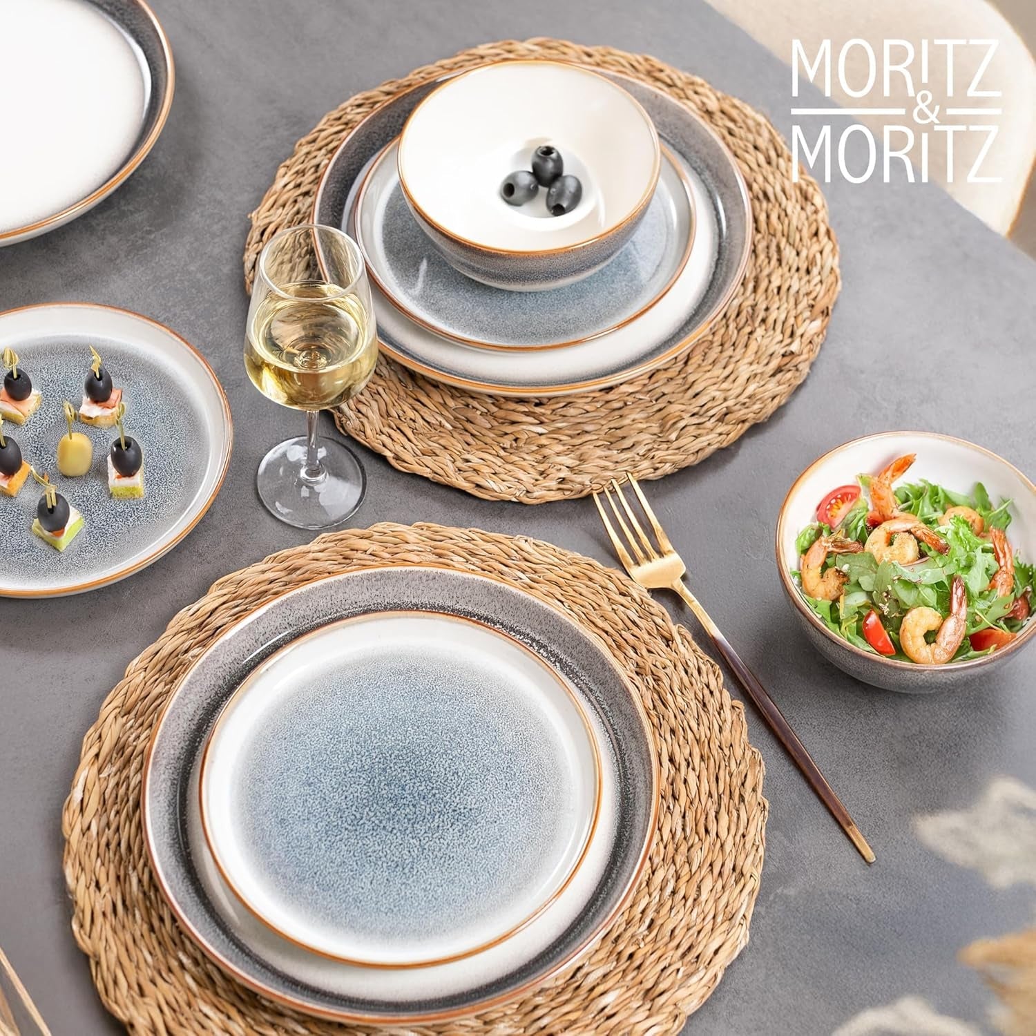 Moritz & Moritz TARENTO Vajilla para 6 personas de 24 piezas, gris - Elegante juego de platos de gres de alta calidad - El juego de vajilla incluye 6 platos llanos, 6 platos de postre, 6 platos llanos y 6 tazas