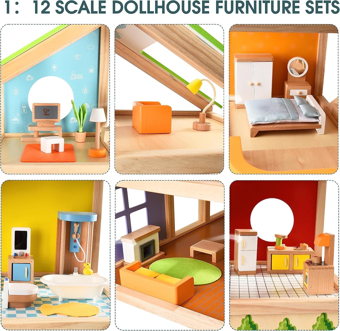 Casa de muñecas Hape Four Seasons: galardonada casa de muñecas de madera de tres pisos con muebles, accesorios, escaleras corredizas y techo reversible para todas las estaciones, para niños de 3 años en adelante