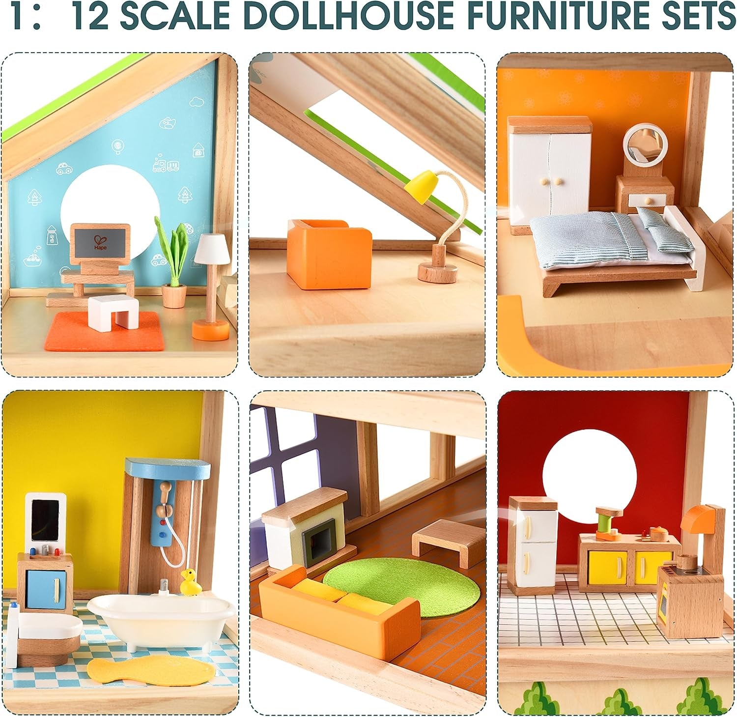 Casa de muñecas Hape Four Seasons: galardonada casa de muñecas de madera de tres pisos con muebles, accesorios, escaleras corredizas y techo reversible para todas las estaciones, para niños de 3 años en adelante
