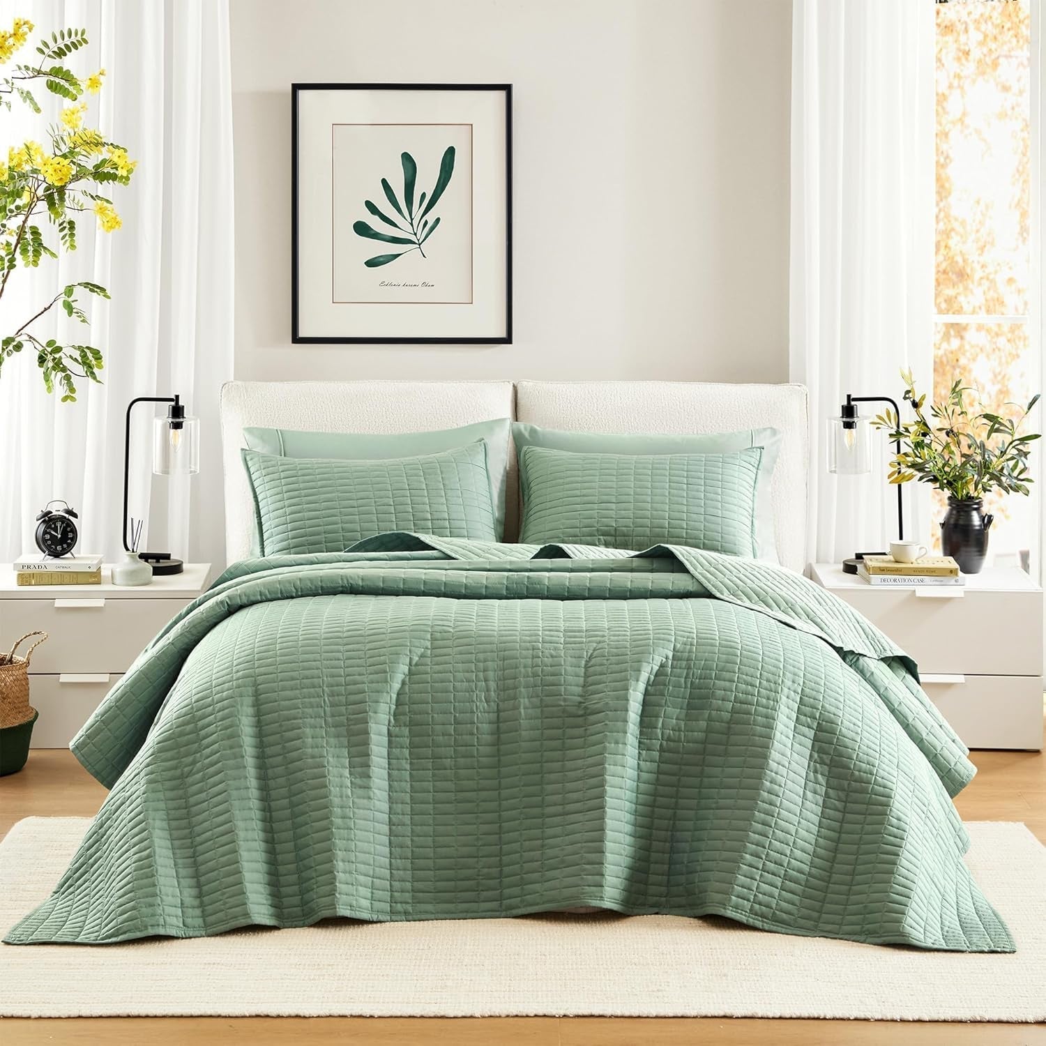 Comfort Spaces Juego de edredón Kienna, manta de verano de doble puntada de lujo, ropa de cama ligera, suave, para todo el año, fundas de almohada a juego, blanco, manta para camas tamaño king (264,2 x 228,6 cm), Naty Shop Quilts & Quilts Sage Gland colcha tamaño queen de gran tamaño (102 "X 118")
