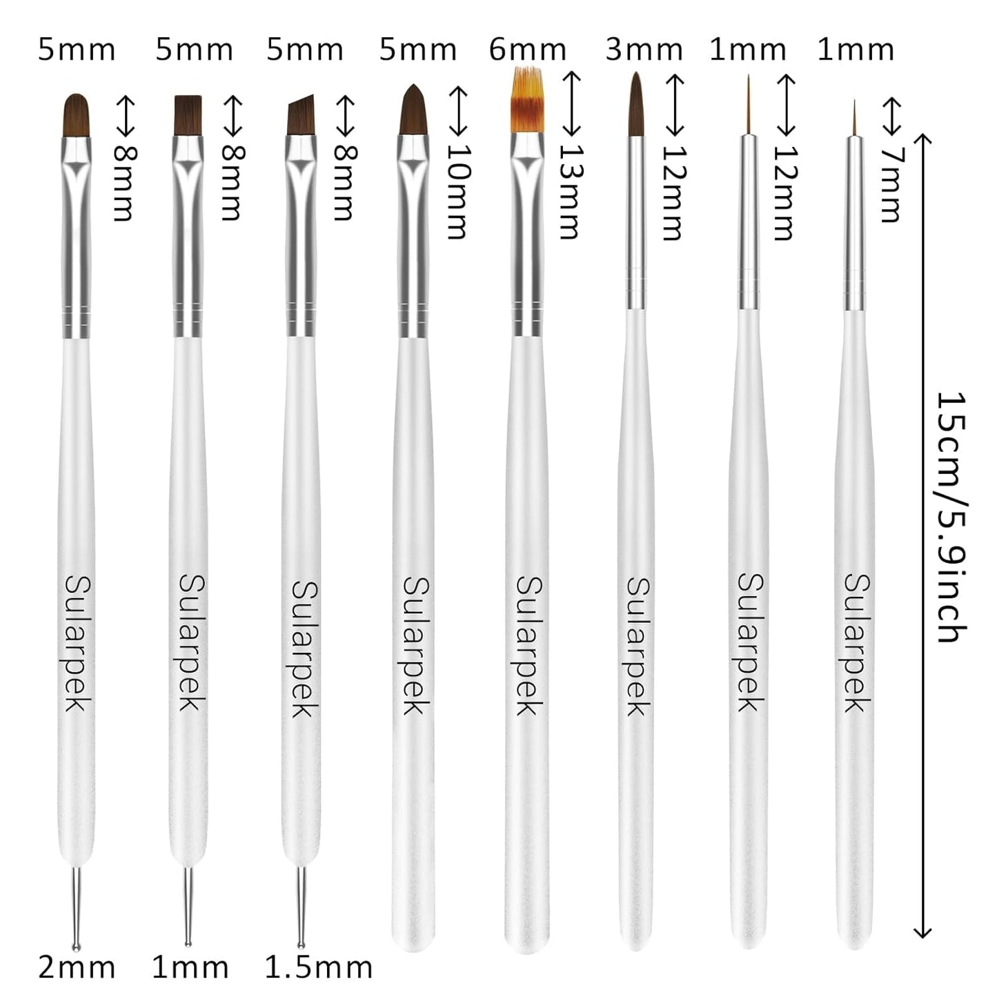 Sularpek Juego de 8 pinsel para uñas, pinsel para gel, pinsel de diseño, herramientas de punteado para decoración de uñas, pinsel para gel acrílico, pinsel para uñas