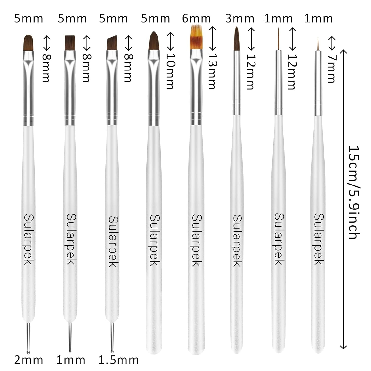 Sularpek Juego de 8 pinsel para uñas, pinsel para gel, pinsel de diseño, herramientas de punteado para decoración de uñas, pinsel para gel acrílico, pinsel para uñas