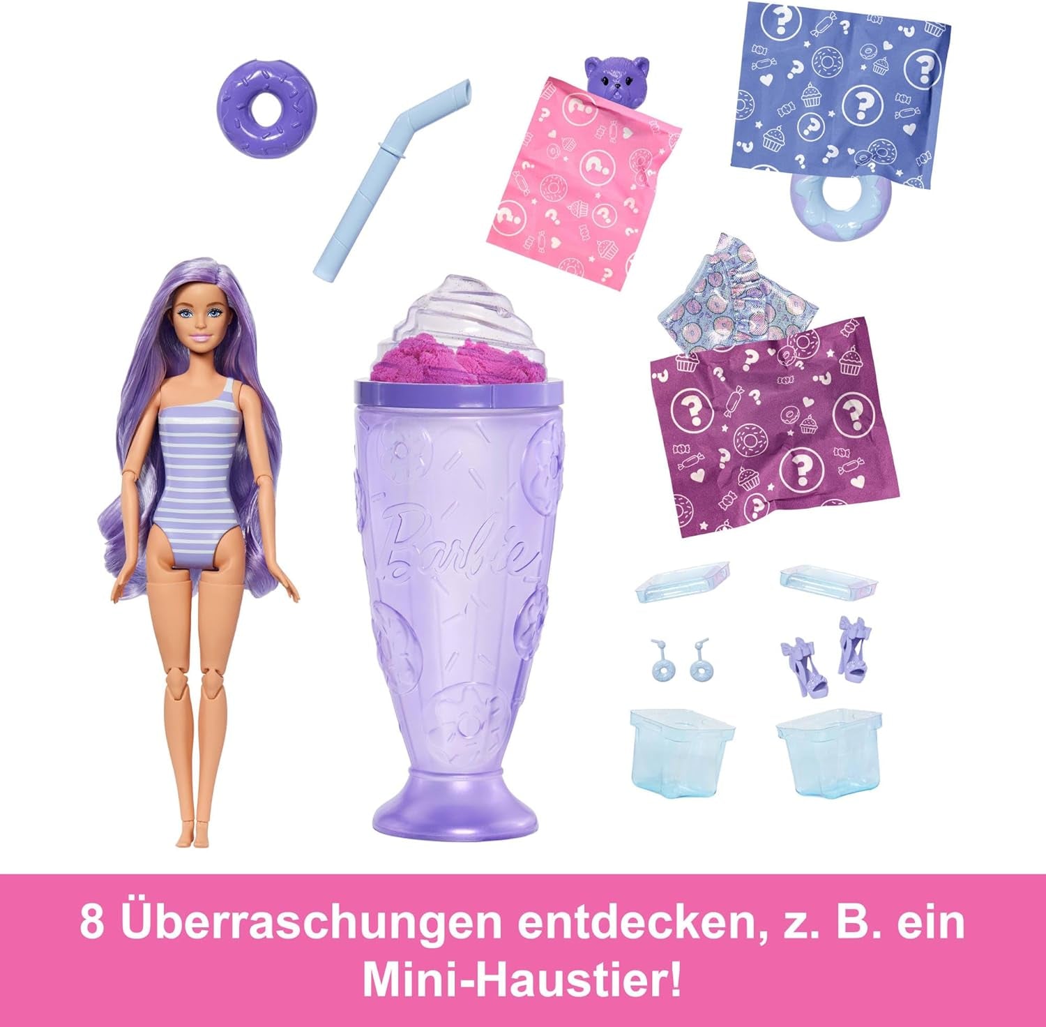 Barbie Pop Reveal Series Set con muñeca de moda y accesorios, serie Candy, diseño Donut Dreams con mascota, 8 sorpresas que incluyen cambio de color, JFY60