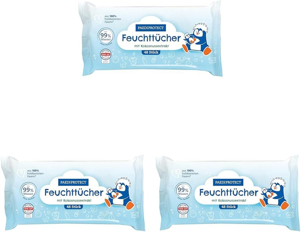 PAEDIPROTECT Toallitas húmedas para bebés 1 x 10 piezas Toallitas húmedas sensibles al agua para bebés 99% de agua Sin fragancia Bebés y niños Piel delicada Extracto de coco Sin microplásticos Vegano (paquete de 5)