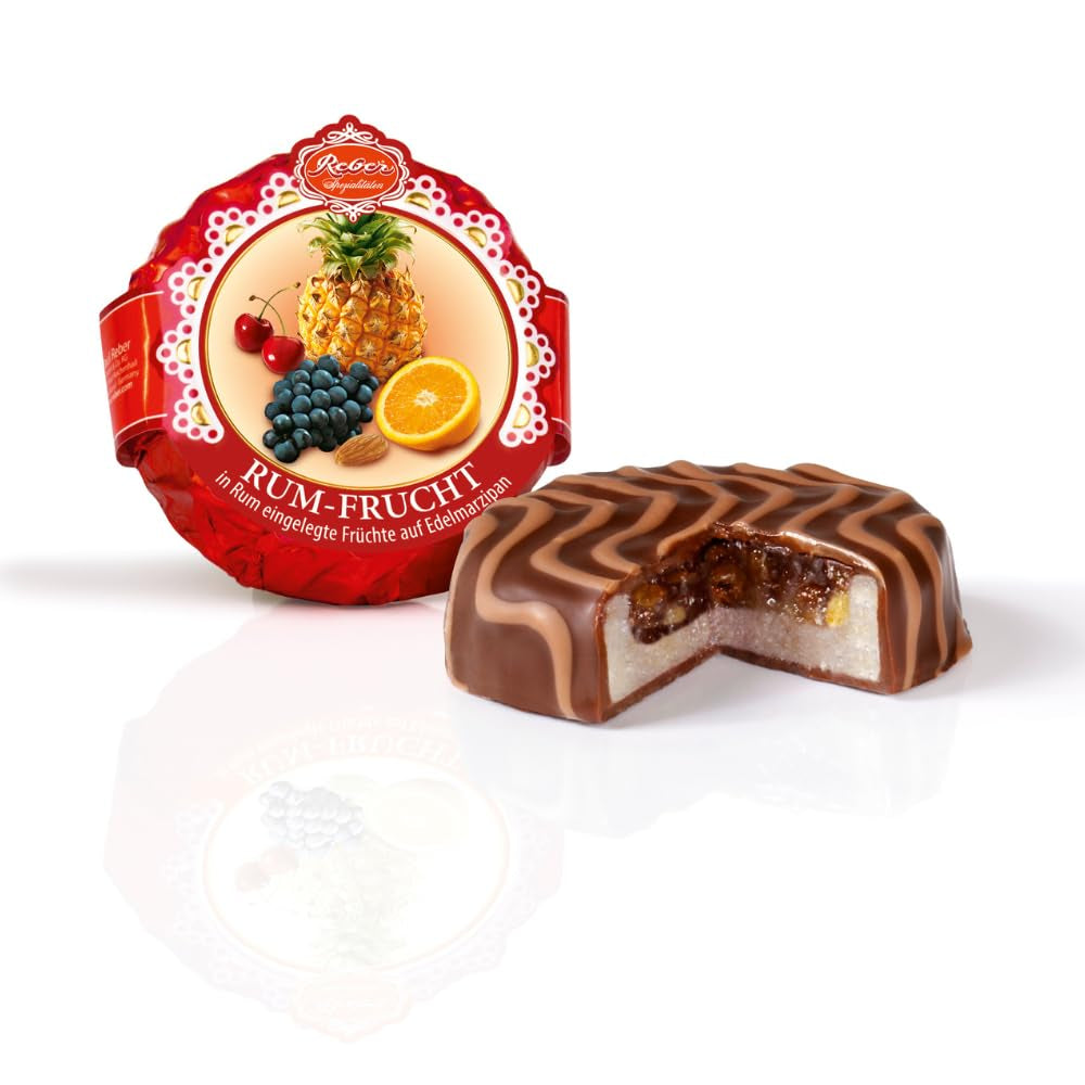 Masa de chocolate con ron y frutas Reber, frutas bañadas en ron sobre mazapán fino, cubiertas con fino chocolate negro, 39 g (1 pieza)