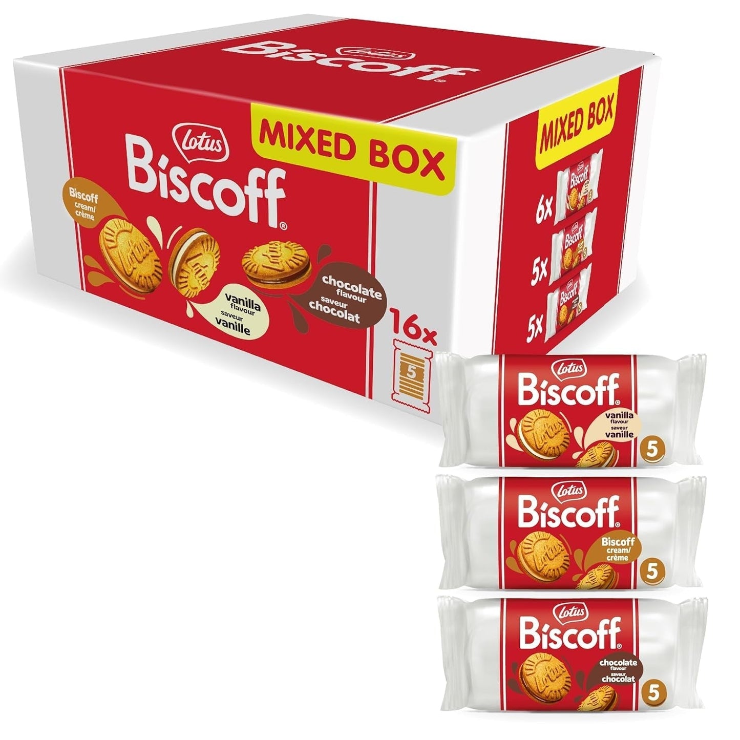 Loto Biscoff | Paquete variado de galletas dobles | 3 Variedades: Biscoff Sabor Crema, Vainilla y Chocolate | 5 galletas dobles por paquete | Ingredientes de Origen Natural | Sin colorantes | 16 x 50 g | 800g