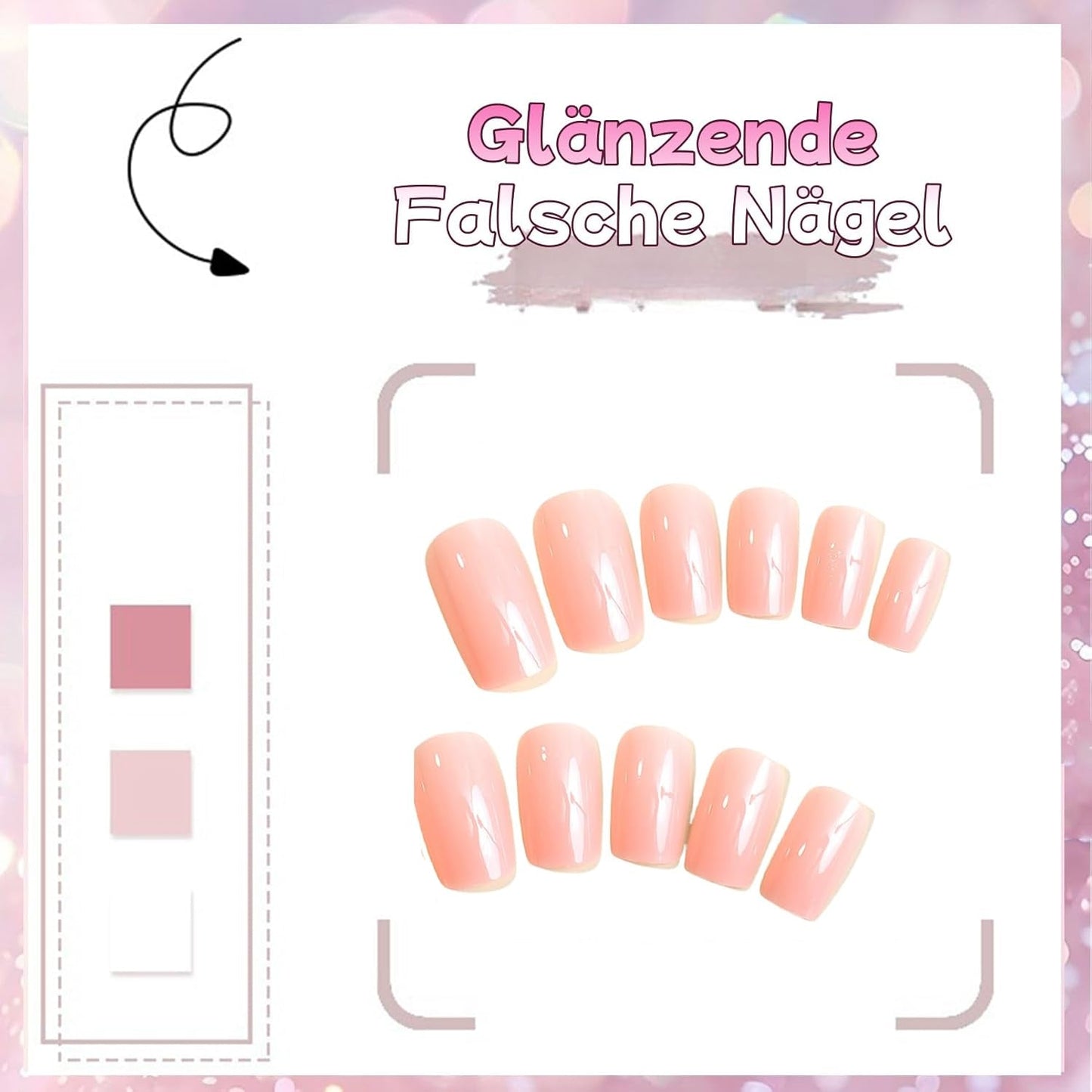 24 piezas de uñas postizas de Color sólido rosa, uñas postizas neutras autoadhesivas, gel suave cuadrado medio para mujeres, uñas postizas con brillo de cobertura completa DIY