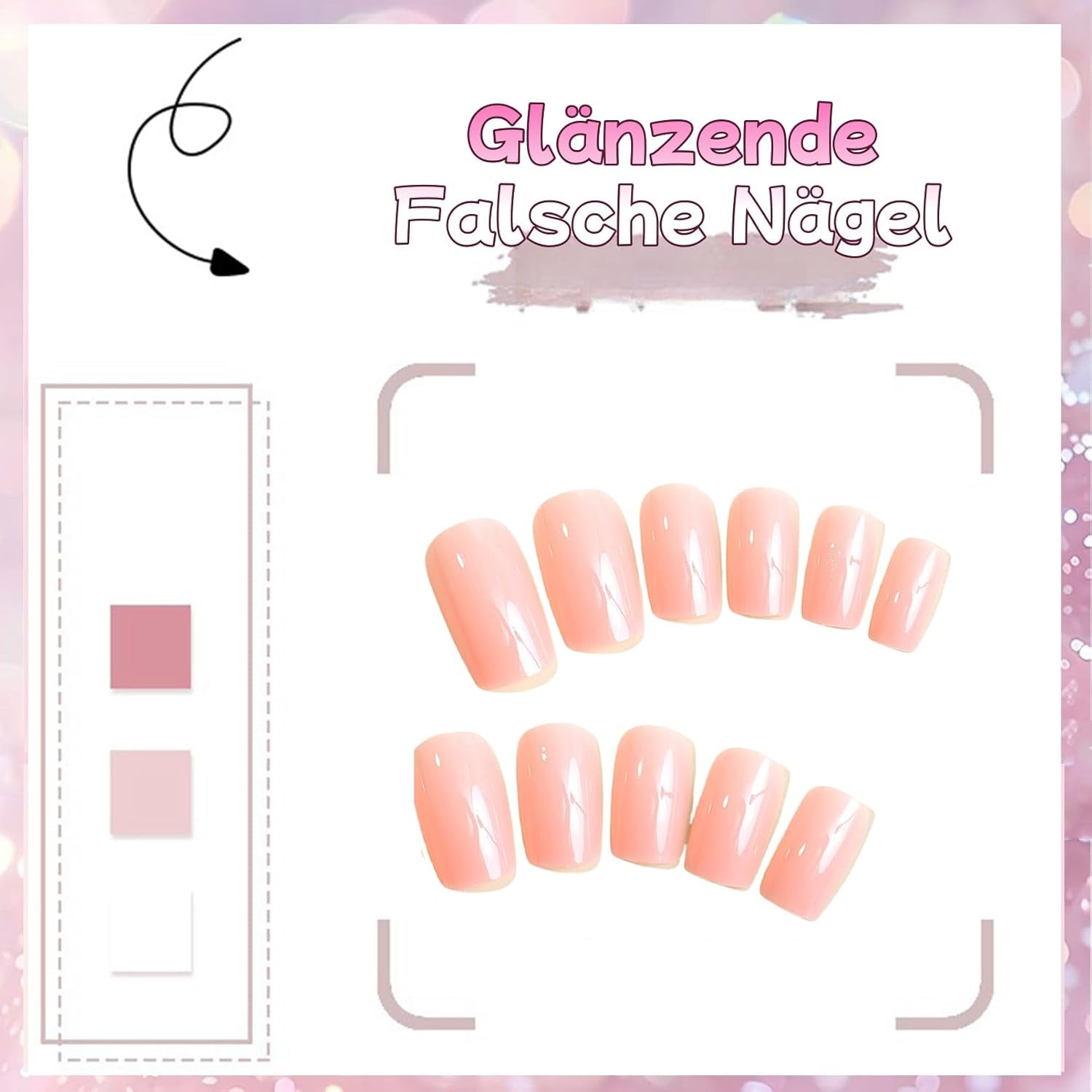 24 piezas de uñas postizas de Color sólido rosa, uñas postizas neutras autoadhesivas, gel suave cuadrado medio para mujeres, uñas postizas con brillo de cobertura completa DIY