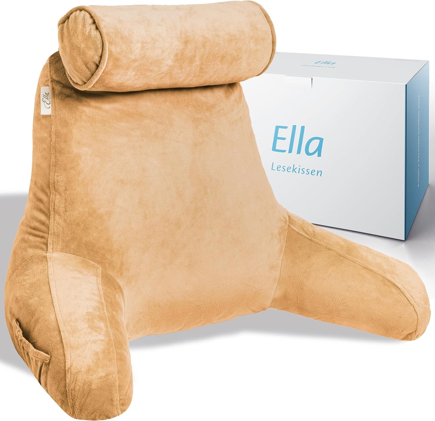 Ella Almohada de Lectura para Cama y Sofá con Rollo para el Cuello Desmontable - Almohada de Respaldo para Cama - Almohada de Lectura de Espuma Viscoelástica con Reposabrazos, Ideal para Leer, Ver TV, Relajarse o Como Respaldo - Gris
