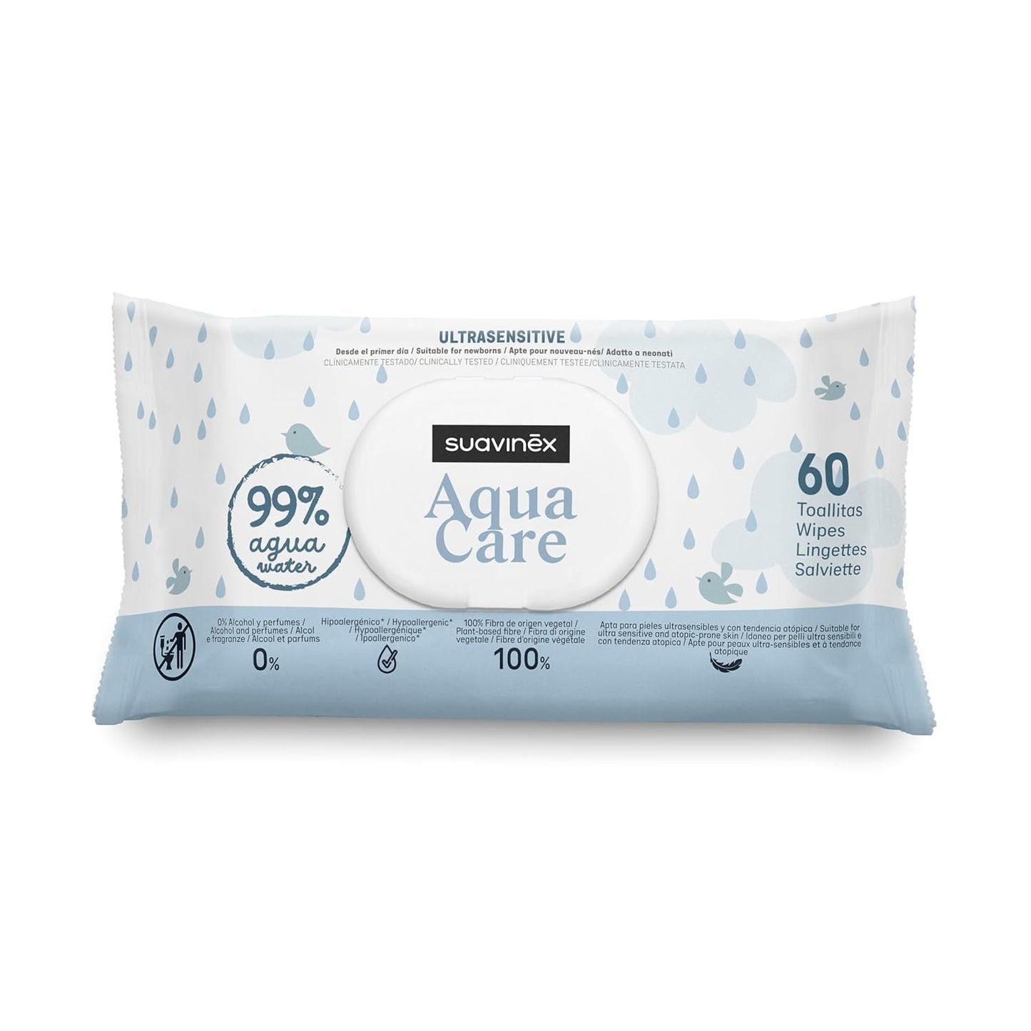 Suavinex Aqua Care Toallitas húmedas para bebés 60 toallitas limpiadoras 99% agua, fibra vegetal, aloe vera, sin fragancia, sin alcohol, dermatológicamente probado, adecuado para pieles sensibles