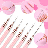 6 Stück Liner Nailart Pinsel Nageldesign Pinsel Set Dünn Acryl Nagelpunkt-Zeichenwerkzeug Nägel Dünne Nagelpinsel Set para Lange Linien, Dünne Detalles, Feines Zichnen 5/7/9/11/15/25 Mm (Rosa)