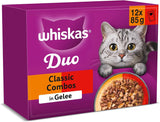 WHISKAS Duo Sachets para porciones de comida húmeda, paquete múltiple, combinación clásica en gelatina, 12 x 85 g