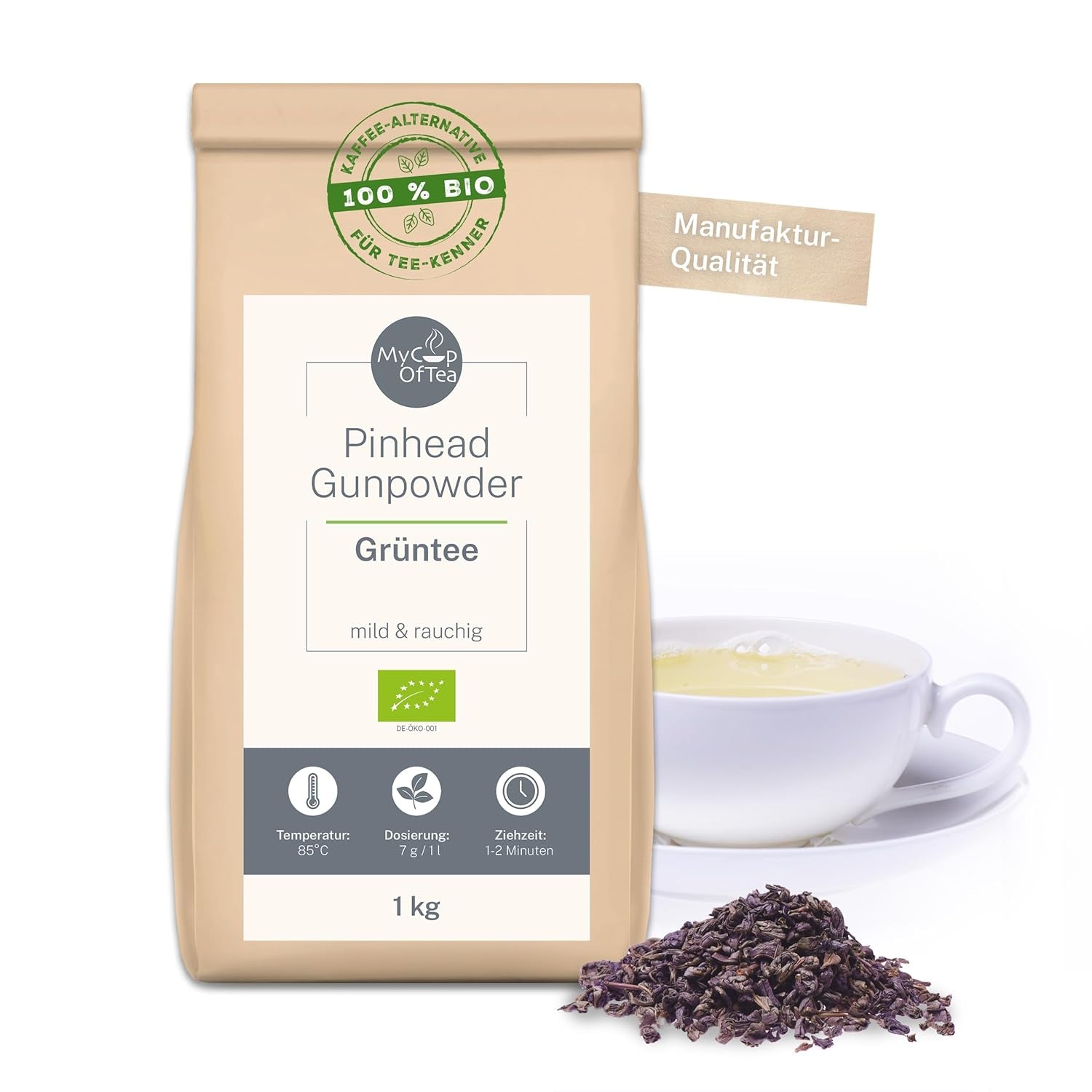 Pinhead Gunpowder Té Verde Orgánico a granel 1kg – Té verde orgánico de alta calidad procedente de China – Ligero sabor ahumado – Para gourmets y conocedores del té – Mycupoftea