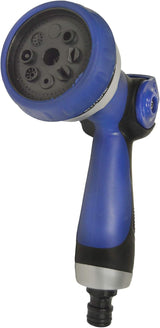590078 – Juego de manguera en espiral, azul, 15 metros (diámetro 9 mm) + pistola multifuncional con 8 boquillas + rosca interior automática con adaptador ¾-½ + 2 conectores rápidos + soporte para colgar