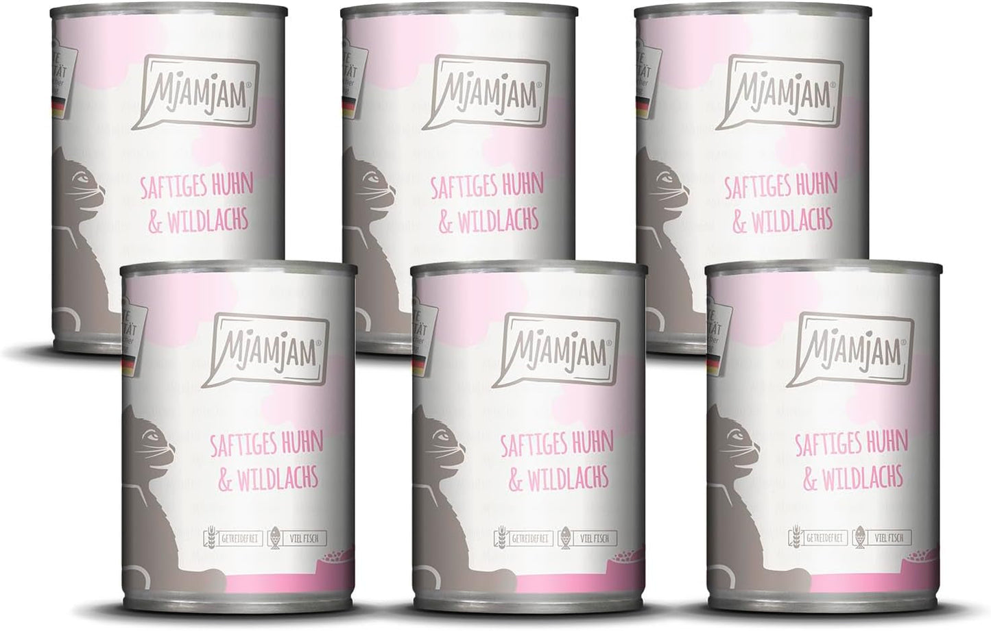 MjAMjAM - Comida húmeda premium para gatos - Pollo jugoso y salmón salvaje Paquete de 6 (6 x 400 g) Sin cereales con carne extra
