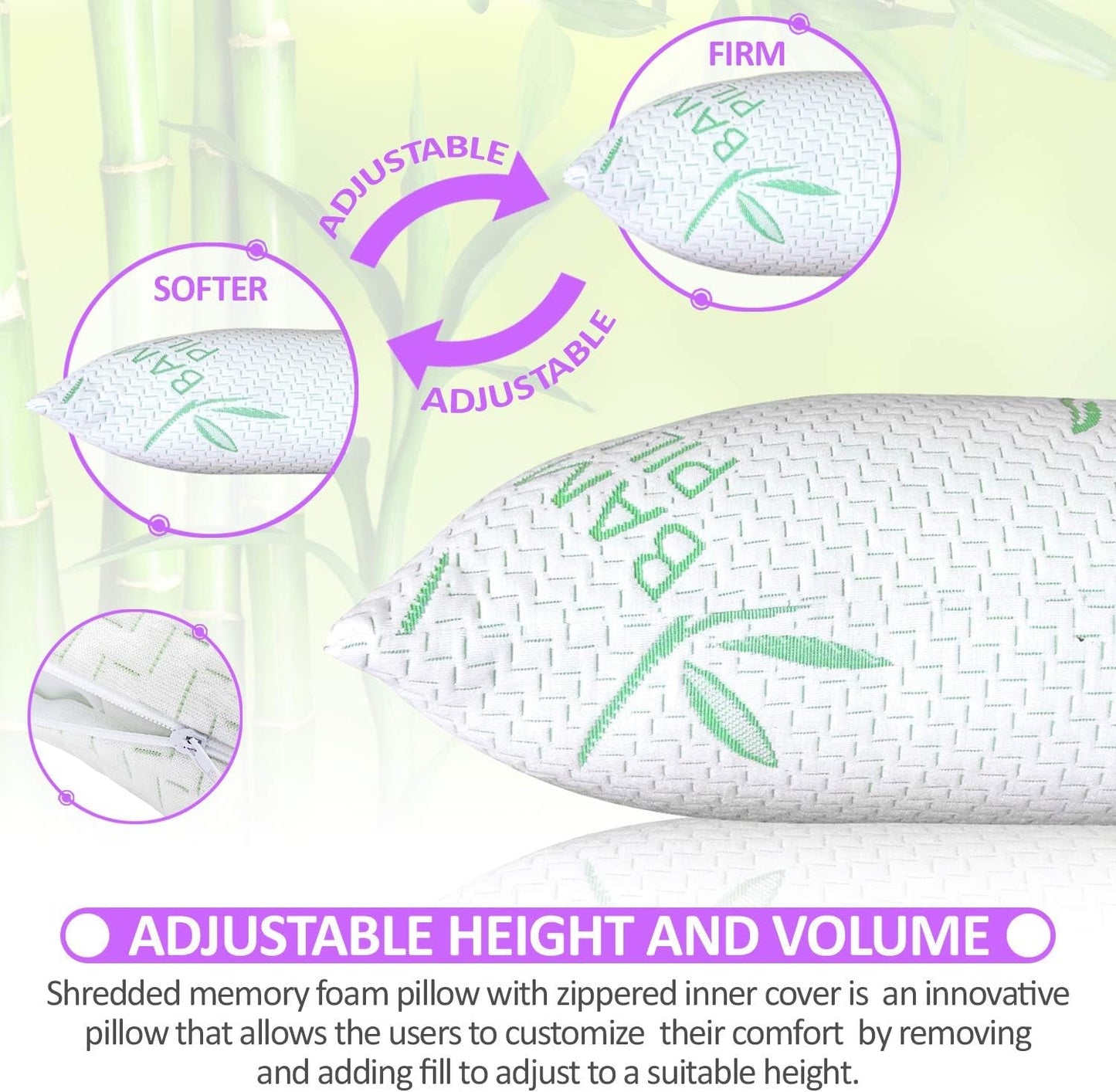 Paquete de 2 almohadas de bambú King Size - Almohada de cama ajustable de espuma viscoelástica triturada - Espalda, barriga, para dormir de lado, funda extraíble, alternativa refrescante al plumón de hotel, King (paquete de 2) Naty Shop Standard Pillows