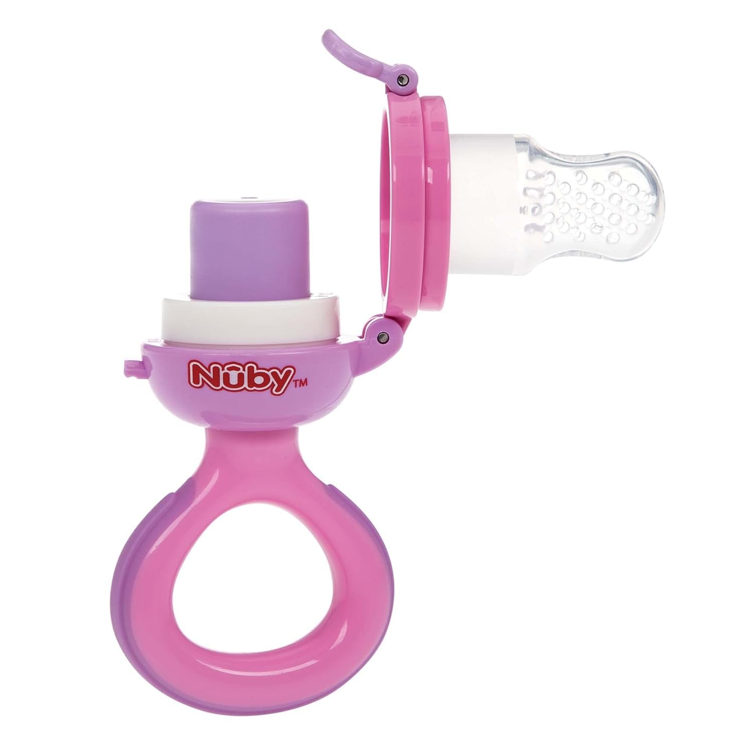 Nuby Alimentador de frutas de silicona Nibbler - Alimentador de frutas para bebés de 6 meses y niños pequeños - Anillo de dentición para frutas, verduras y purés - Sin BPA - Rosa - 6+ meses