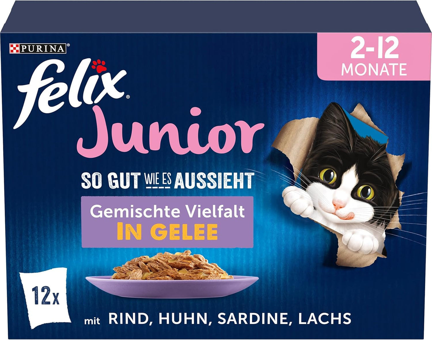 Felix As Good As It Looks Junior Comida húmeda en gelatina para gatitos, mezcla surtida, paquete de 6 (6 x 12 sobres de 85 g cada uno)