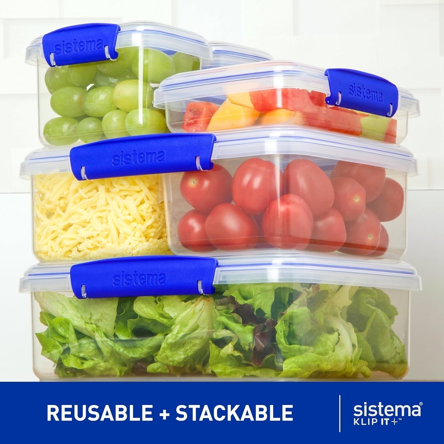 Tarro para almacenamiento de alimentos KLIP IT System | 9,67 litros | tarro de almacenamiento apilable y hermético con tapa, apto para frigorífico/congelador | Plástico sin BPA | clips azules | 1 pieza (paquete de 4) cajas de almacenamiento de alimentos Naty Shop